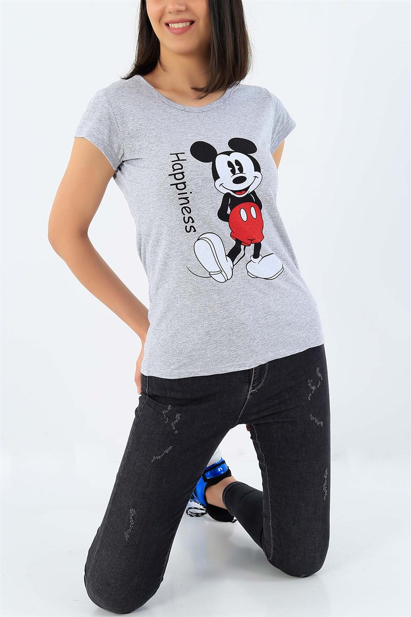 Gri Mickey Mouse Baskılı Bayan Tişört 32272