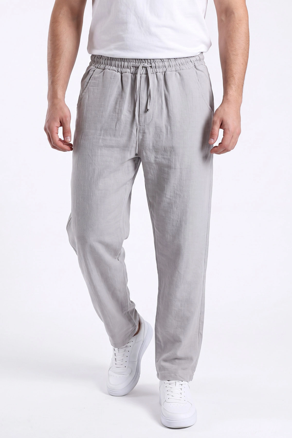 Gri Müslin Keten Belden Bağlamalı Baggy Erkek Pantolon 473027