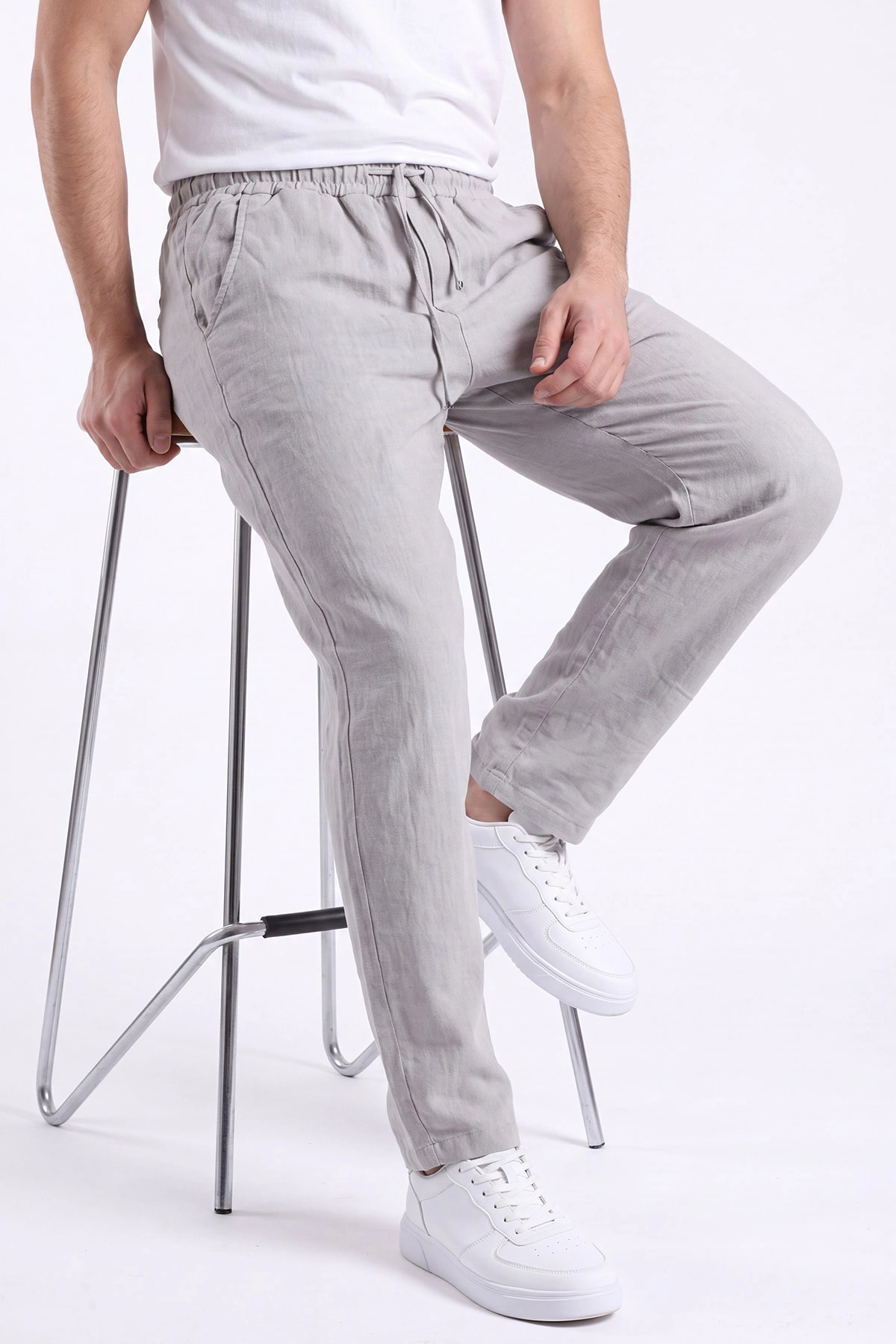 Gri Müslin Keten Belden Bağlamalı Baggy Erkek Pantolon 473027