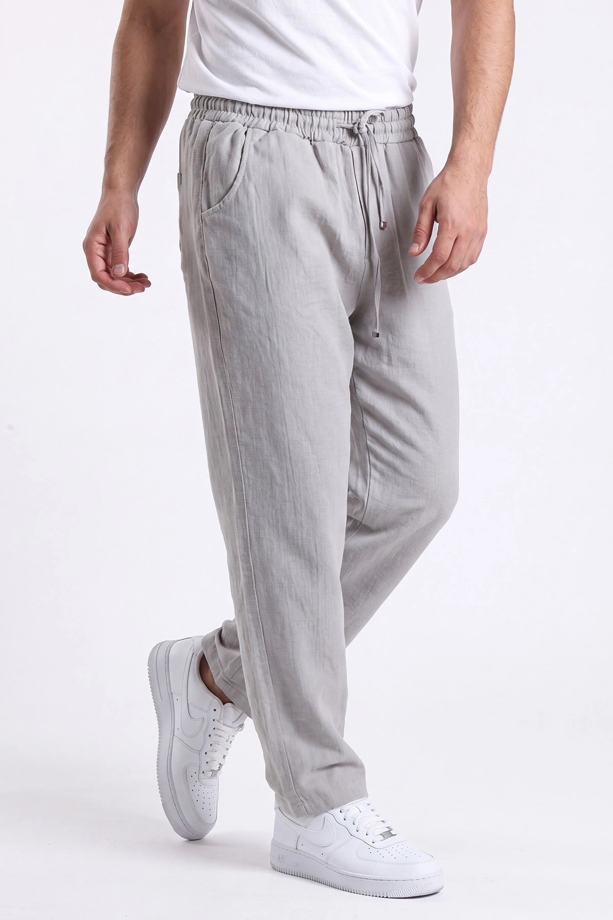 Gri Müslin Keten Belden Bağlamalı Baggy Erkek Pantolon 473027