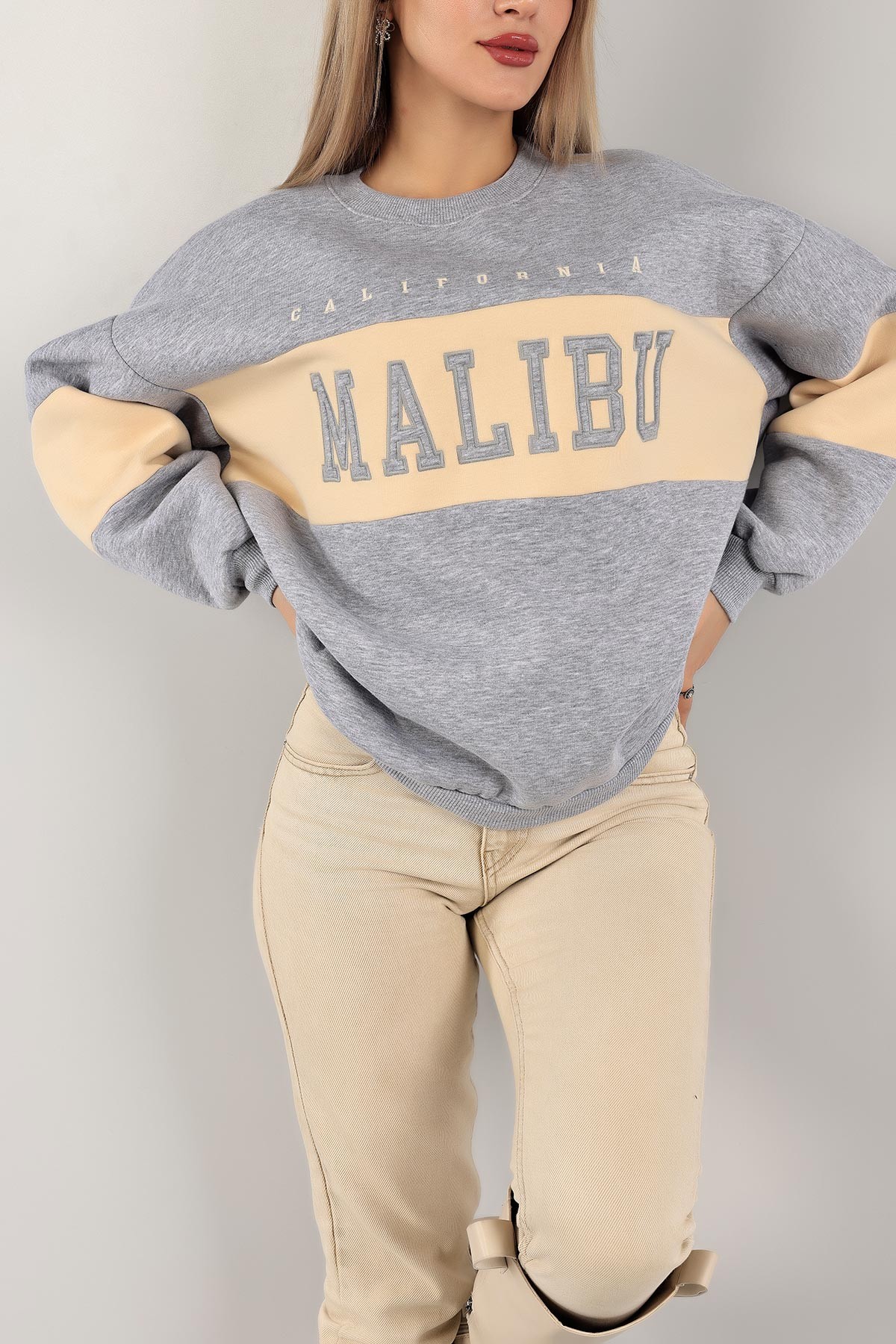Gri Nakışlı İçi Şardonlu Bayan Sweat 142977