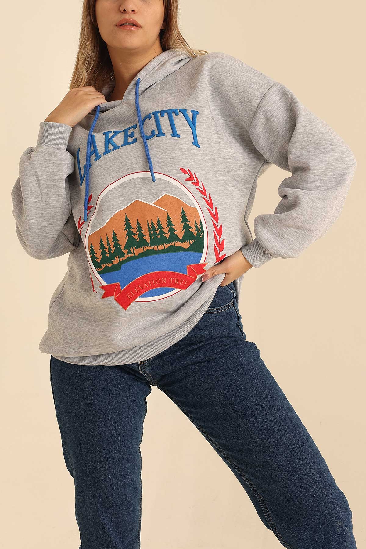Gri Nakışlı İçi Şardonlu Bayan Sweat 218427