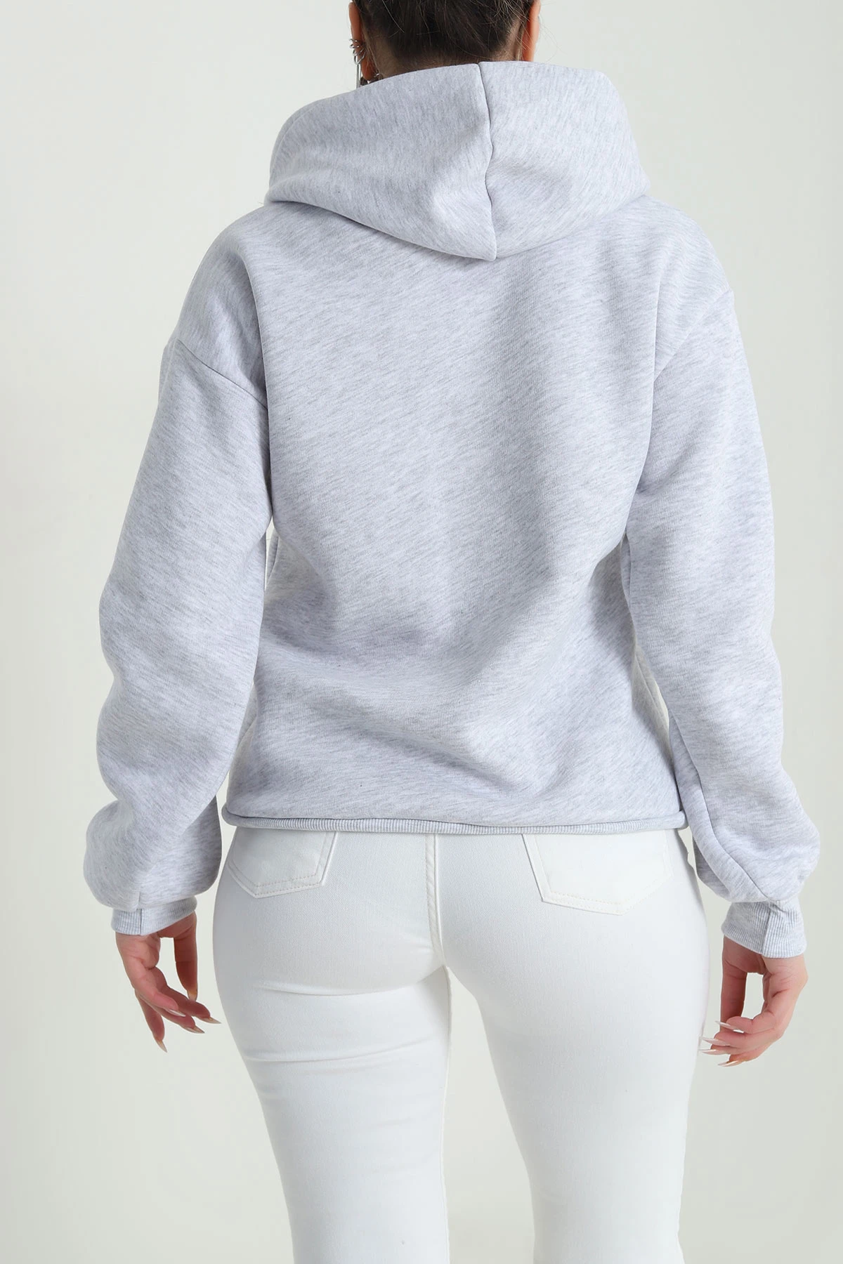 Gri Nakışlı Kapşonlu Üç İp Kadın Sweat 492605