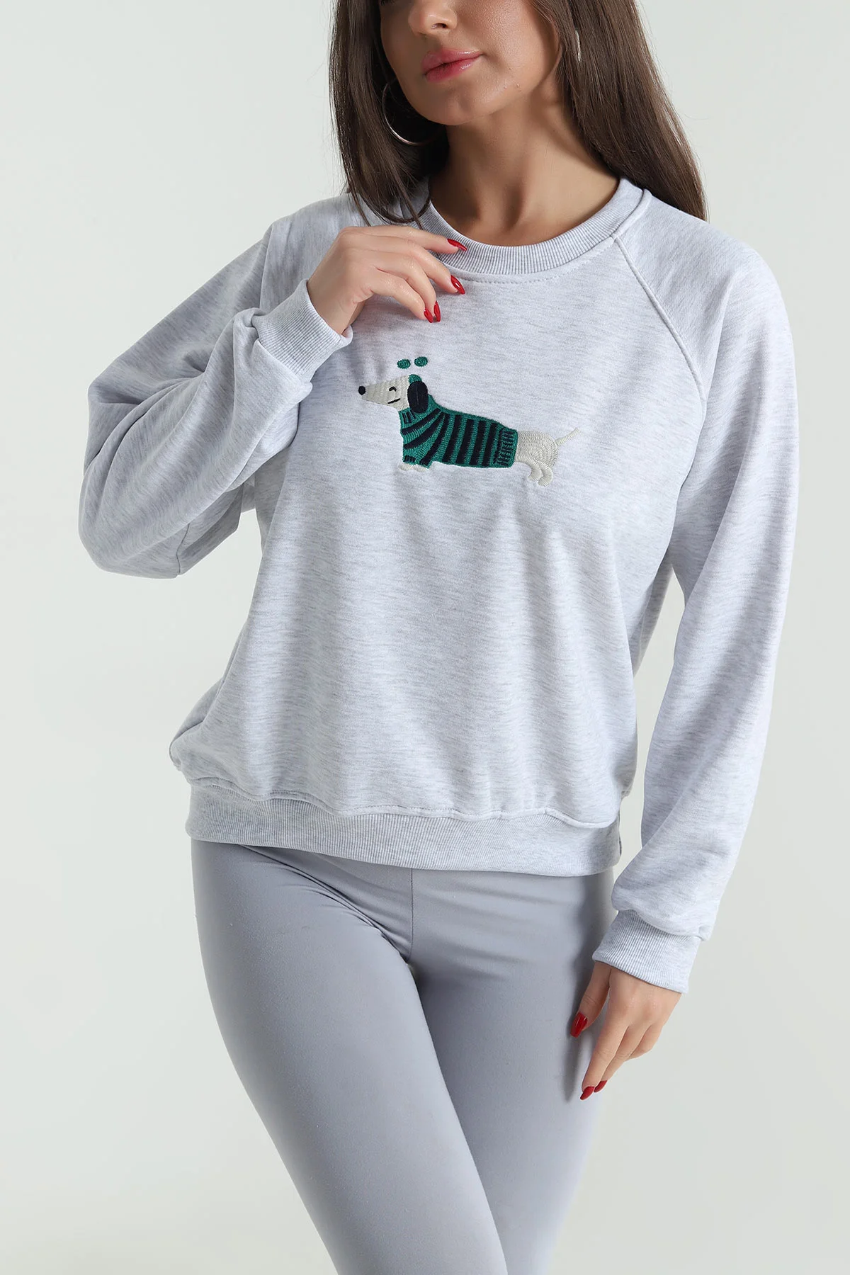 Gri Nakışlı Üç İp Kadın Sweat 492596