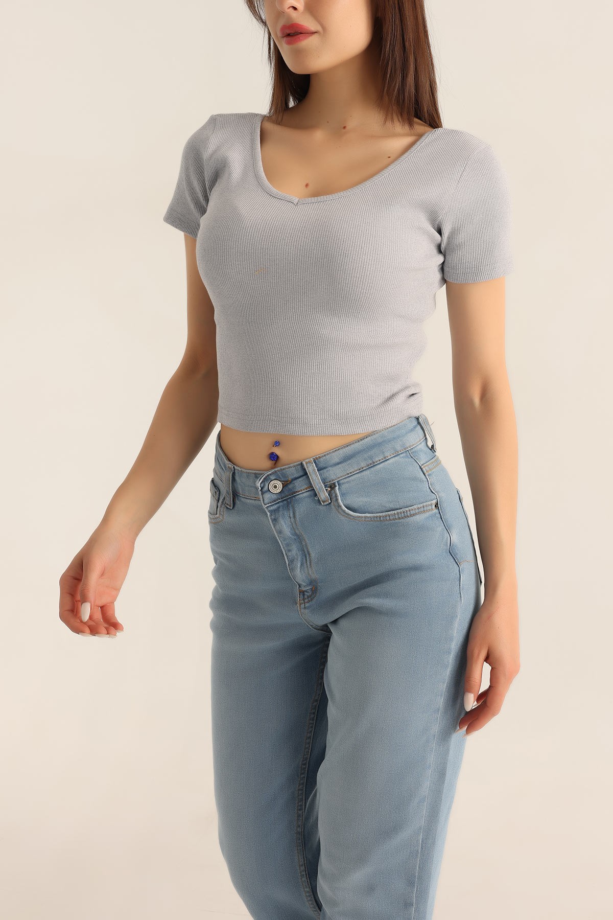 Gri Ön Arka V Yaka Bluz 178502 | ModamızBir | Modamizbir.Com