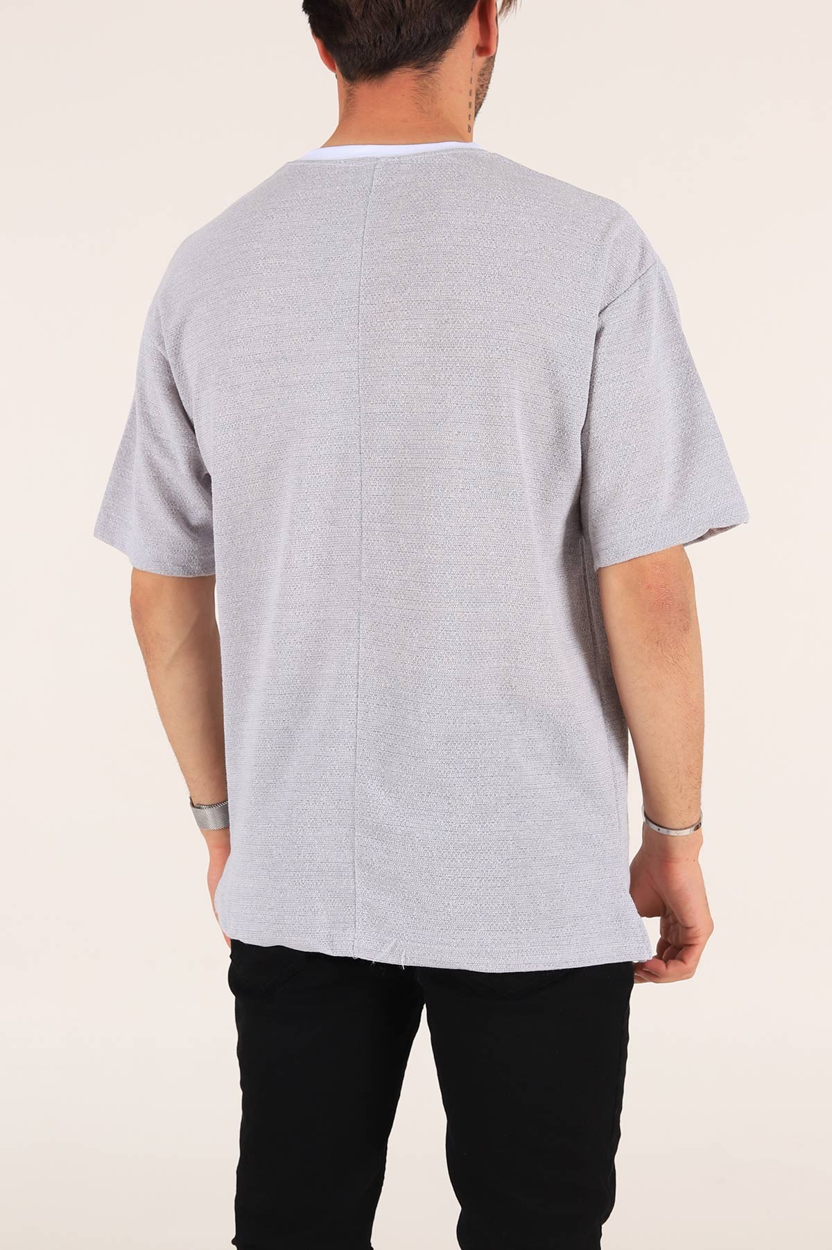 Gri Orıgınal Baskılı Dokulu Oversize Erkek Tişört 177474
