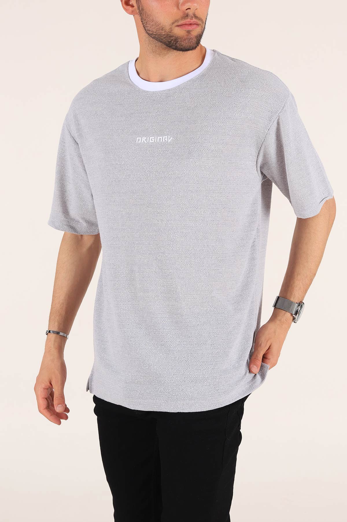 Gri Orıgınal Baskılı Dokulu Oversize Erkek Tişört 177474