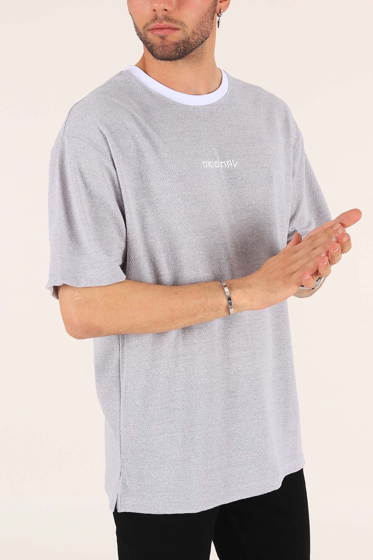 Gri Orıgınal Baskılı Dokulu Oversize Erkek Tişört 177474