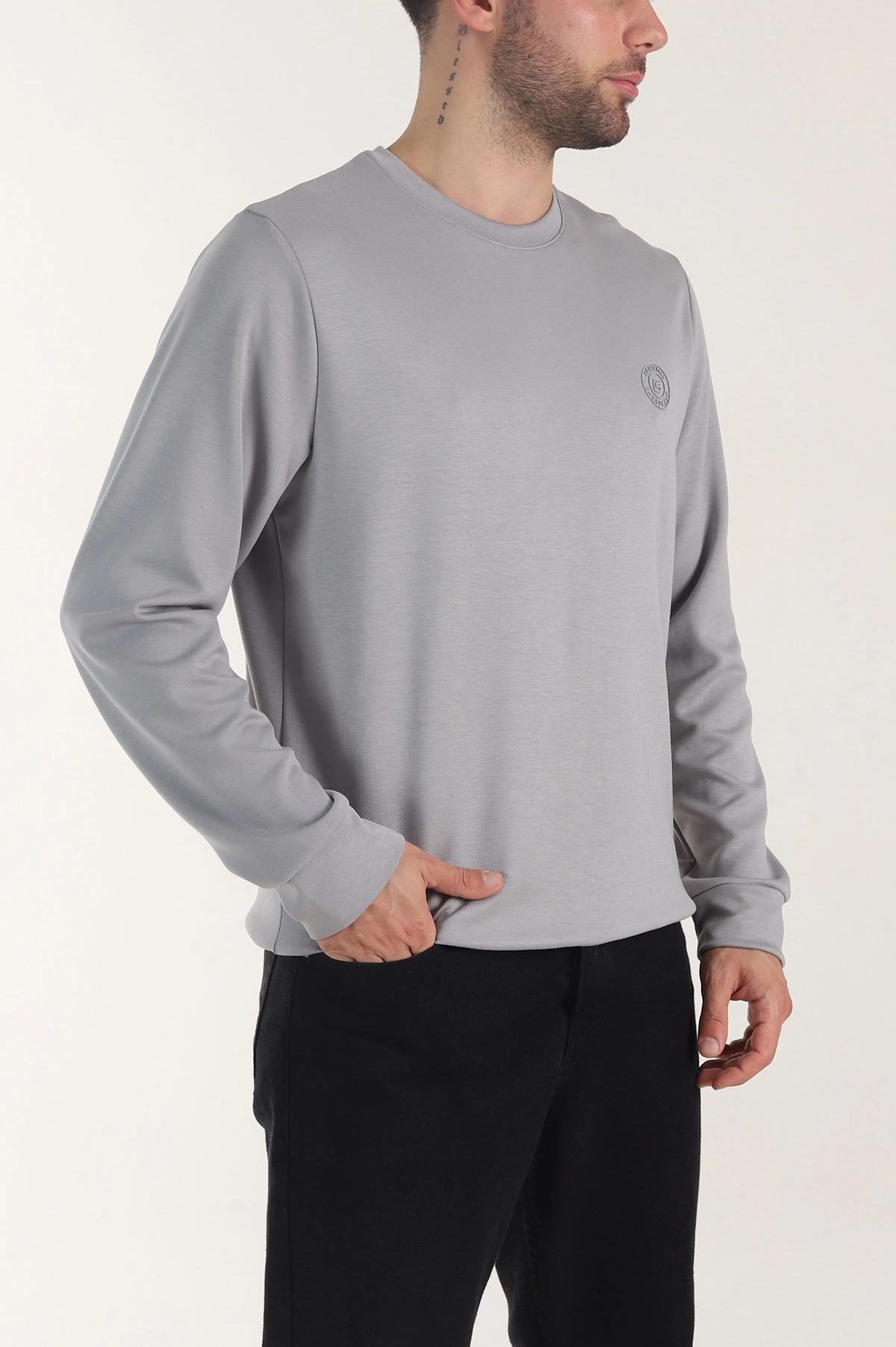 Gri Osyho Kumaş Bisiklet Yaka Erkek Sweatshirt 407680