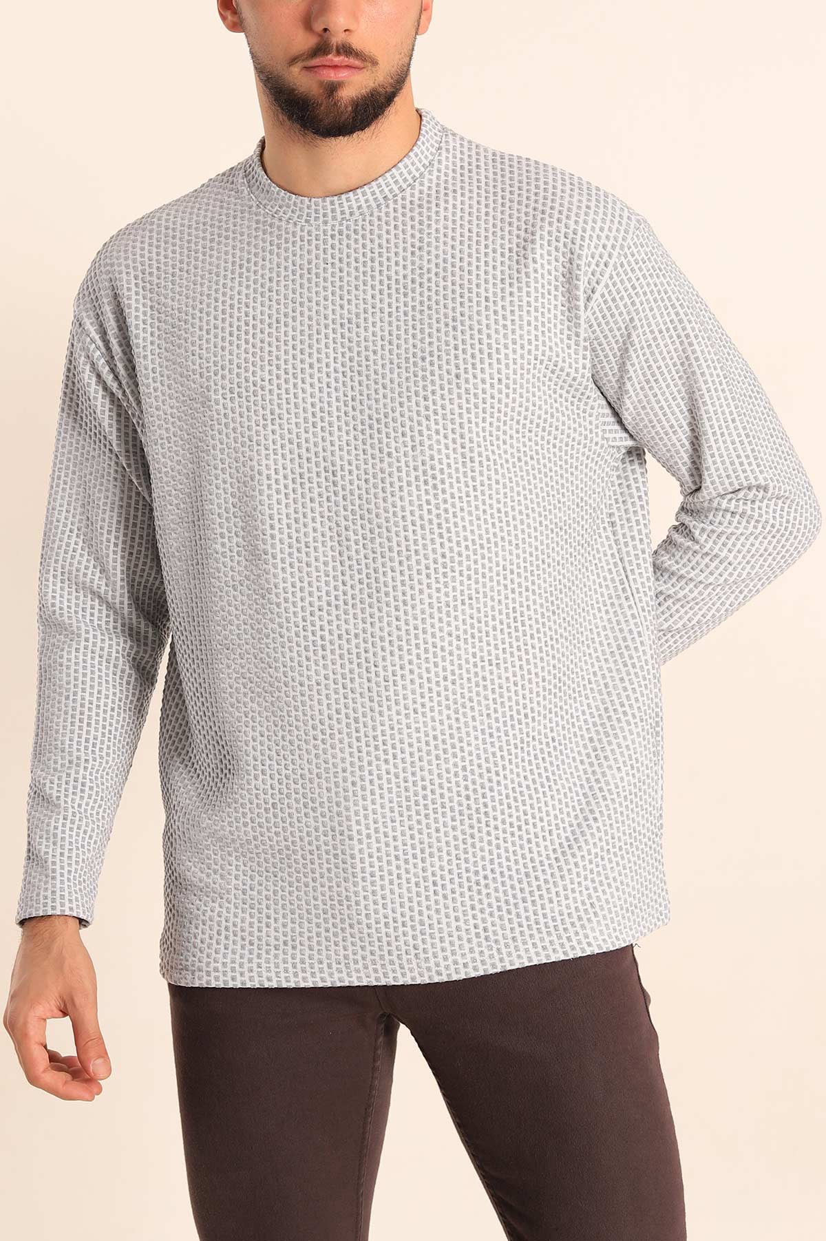 Gri Oversize Bisiklet Yaka Dokulu Erkek Sweat 212708
