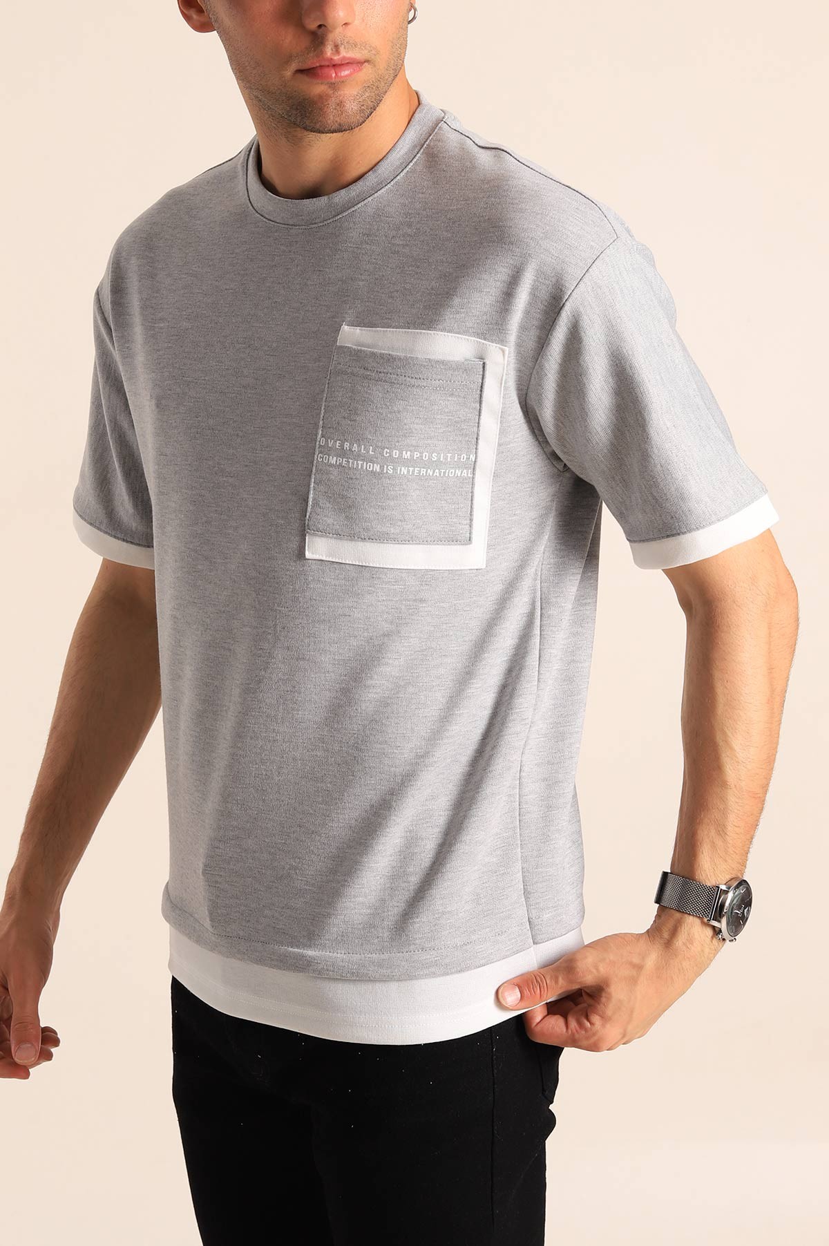 Gri Oversize Çift Renk Cepli Erkek Tişört 181831