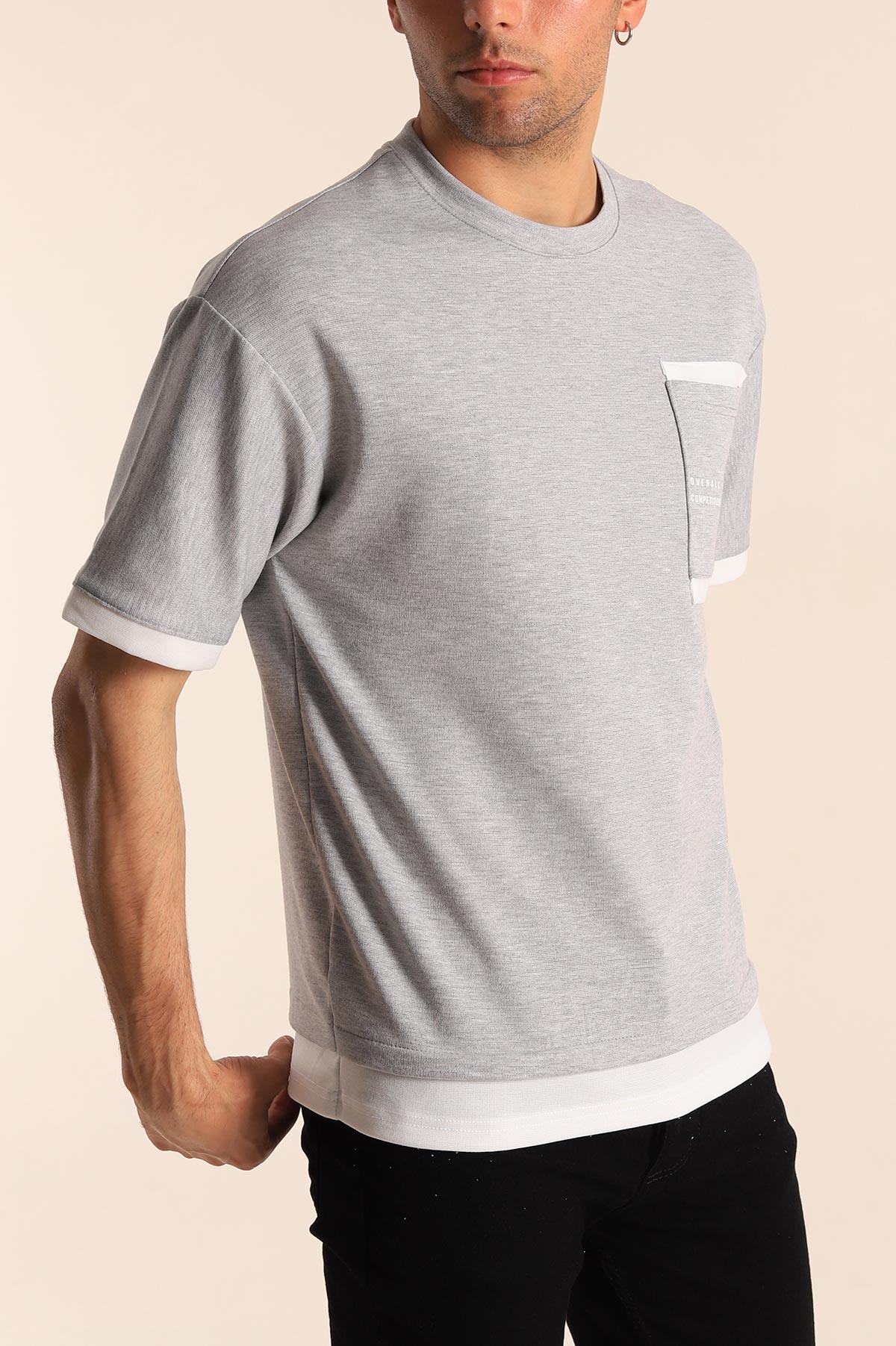 Gri Oversize Çift Renk Cepli Erkek Tişört 181831