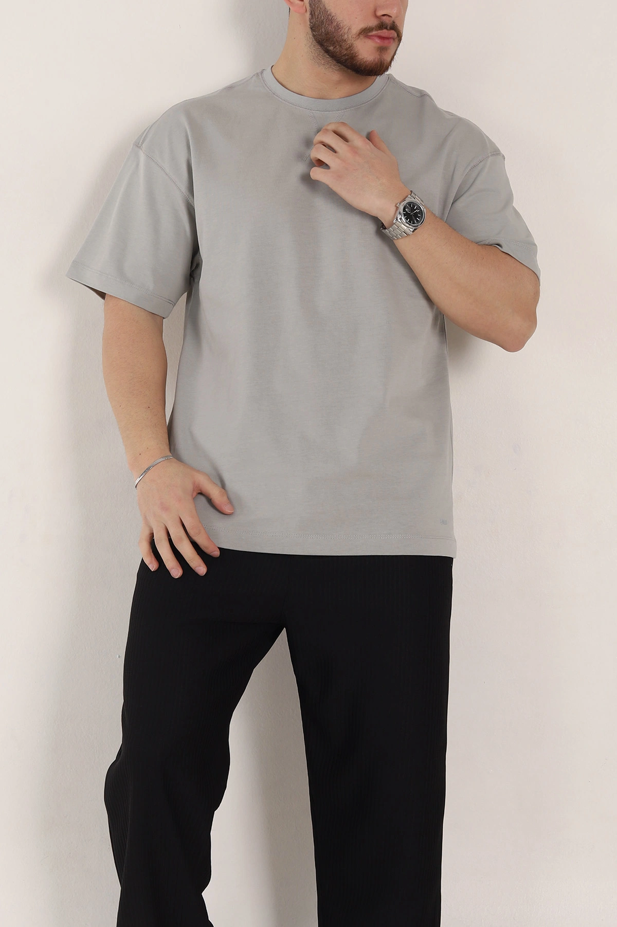 Gri Oversize Dikiş Detaylı Basic Erkek Tişört 348838