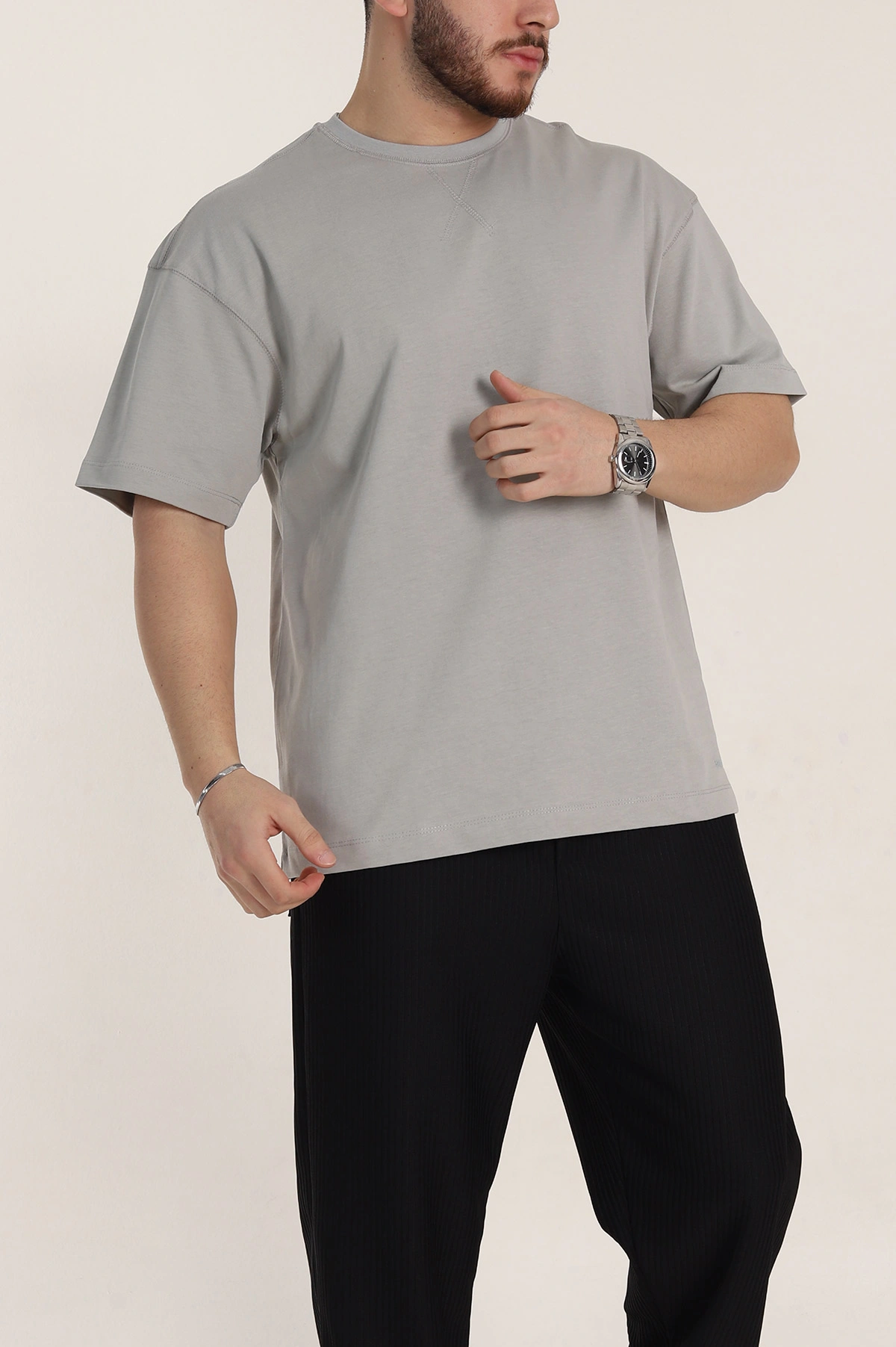 Gri Oversize Dikiş Detaylı Basic Erkek Tişört 348838