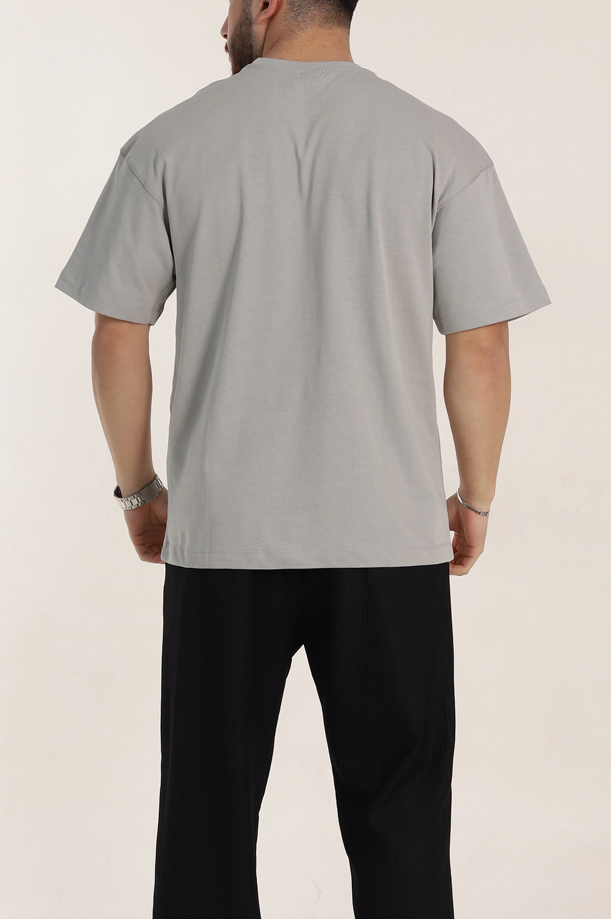 Gri Oversize Dikiş Detaylı Basic Erkek Tişört 348838