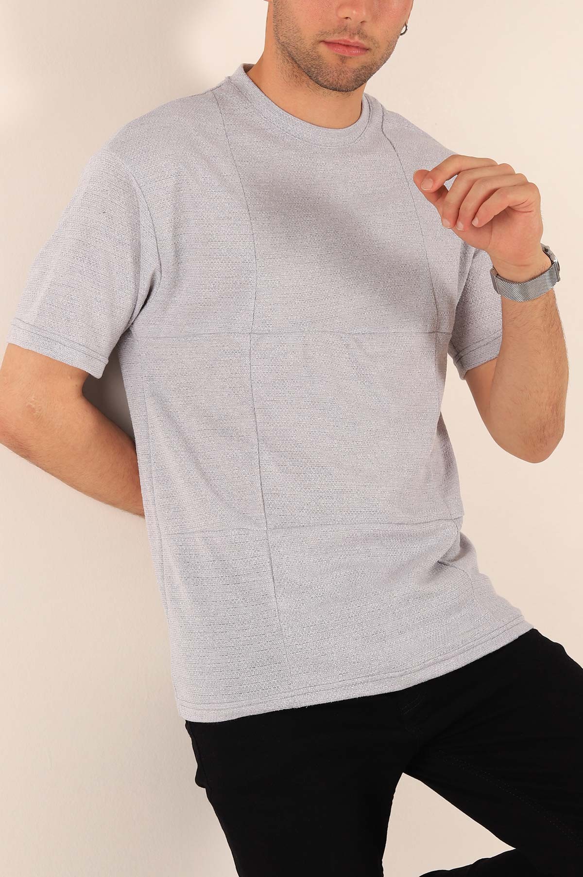 Gri Oversize Dikiş Detaylı Erkek Tişört 181859