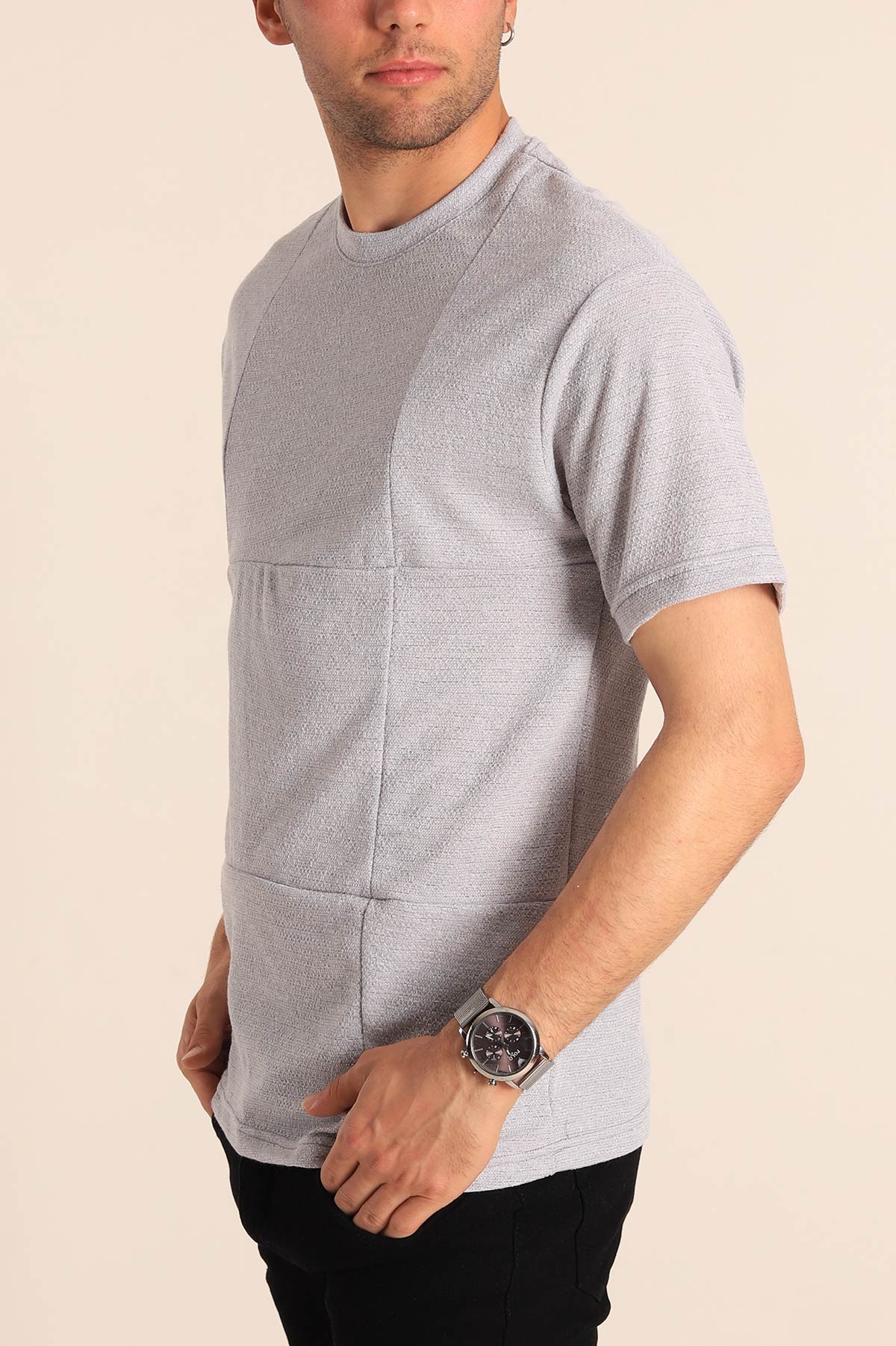 Gri Oversize Dikiş Detaylı Erkek Tişört 181859
