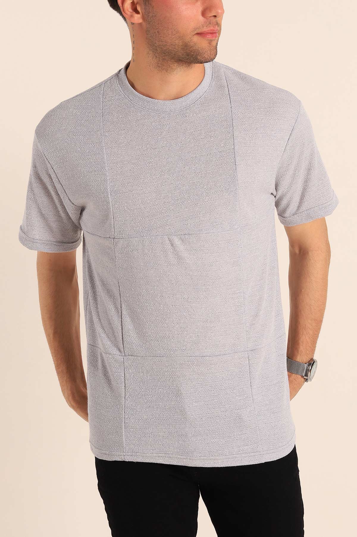Gri Oversize Dikiş Detaylı Erkek Tişört 181859