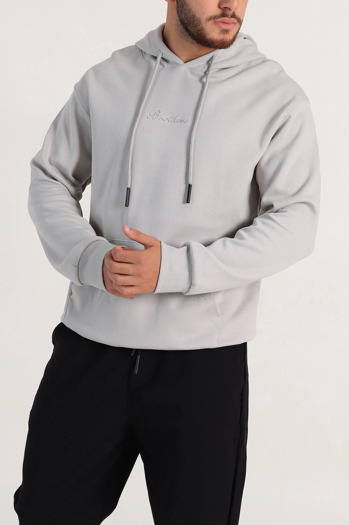 Gri Oversize Duble Kumaş Basic Erkek Kapüşonlu Sweatshirt 300187