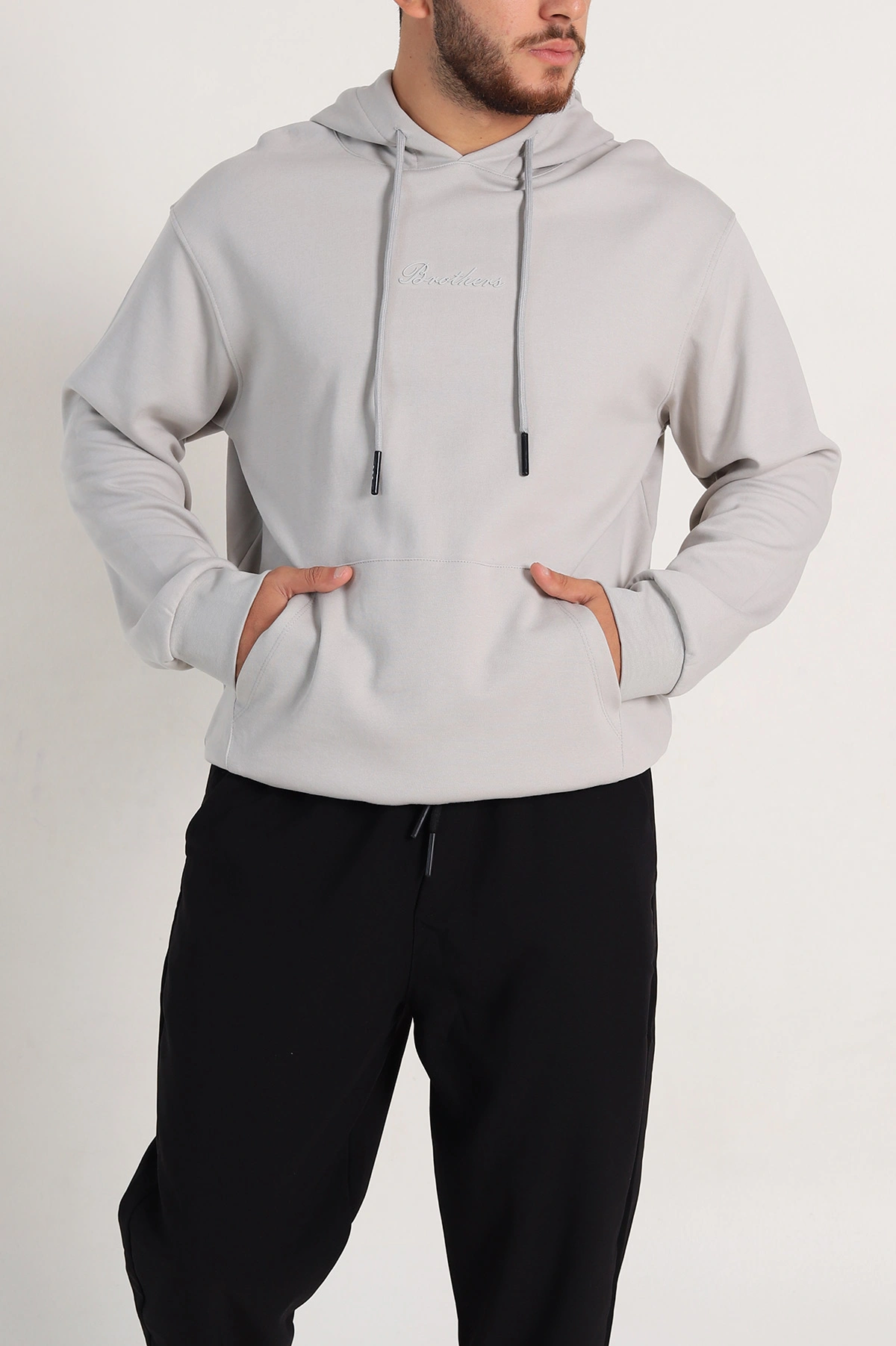 Gri Oversize Duble Kumaş Basic Erkek Kapüşonlu Sweatshirt 300187