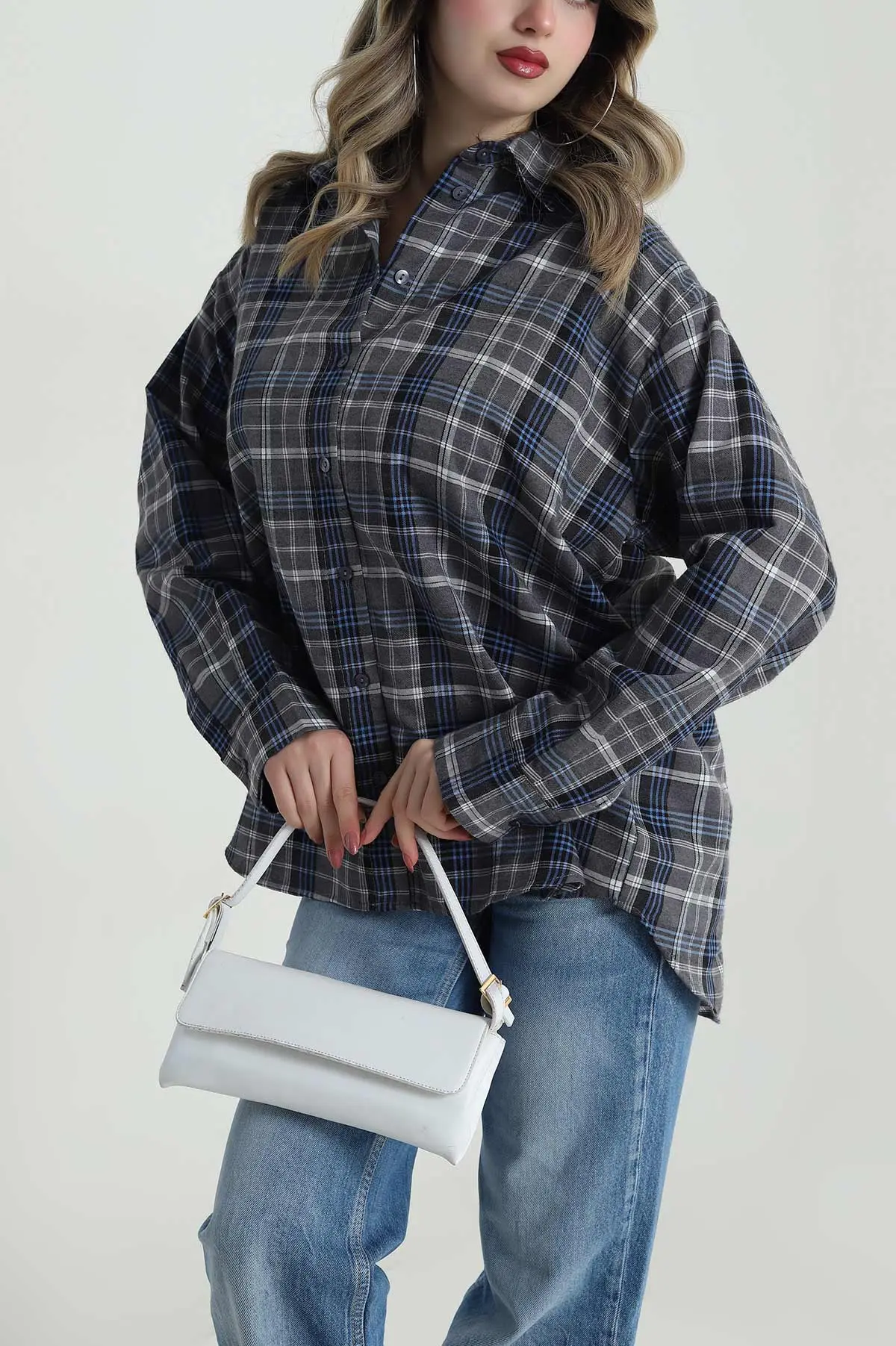 Gri Oversize Ekose Kadın Gömlek 485546