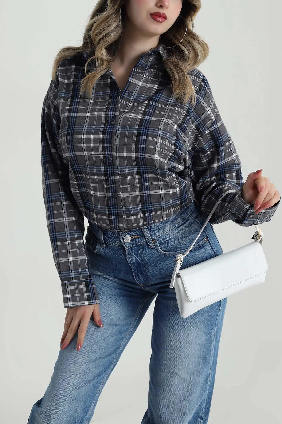 Gri Oversize Ekose Kadın Gömlek 485546