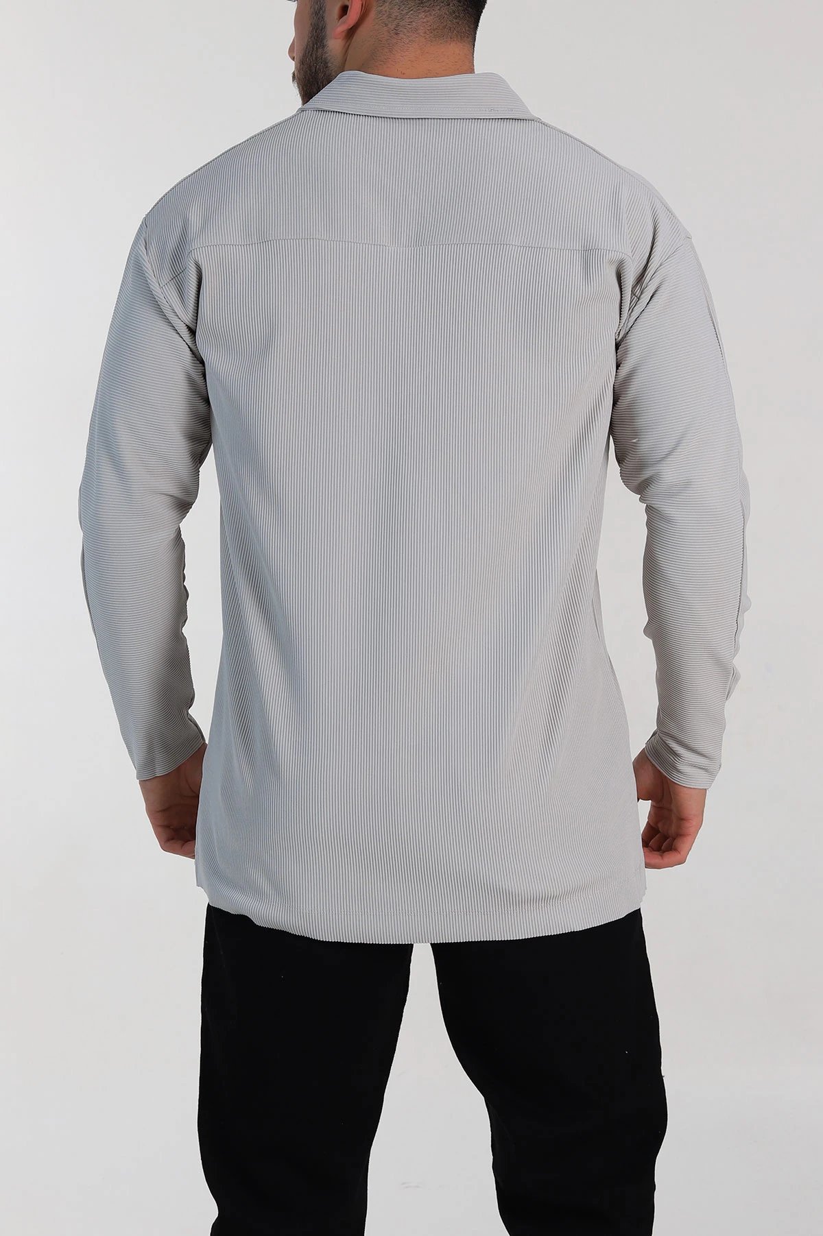 Gri Oversize Fitilli Doku Fermuarlı Polo Yaka Sweatshirt 324400