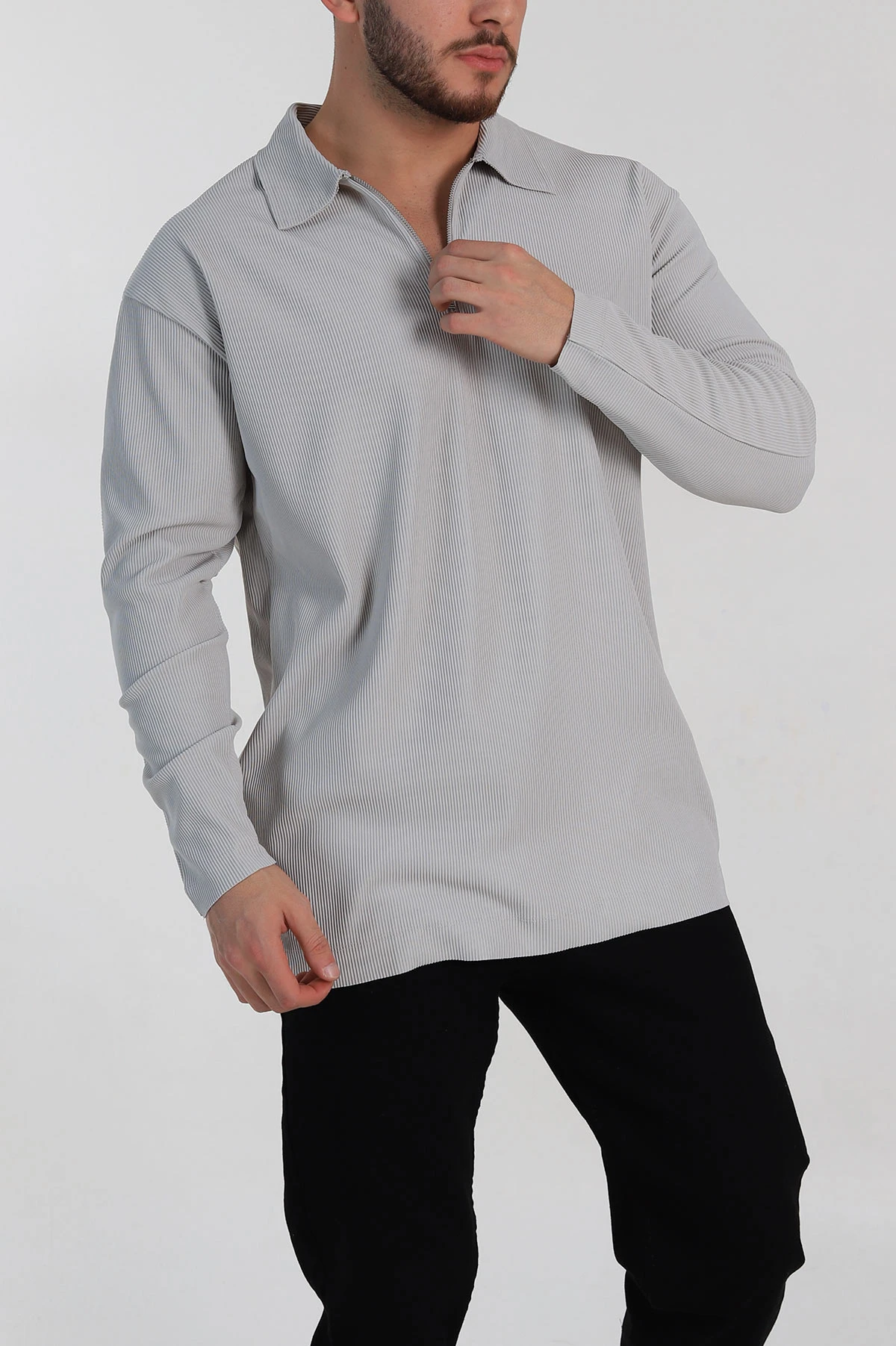Gri Oversize Fitilli Doku Fermuarlı Polo Yaka Sweatshirt 324400