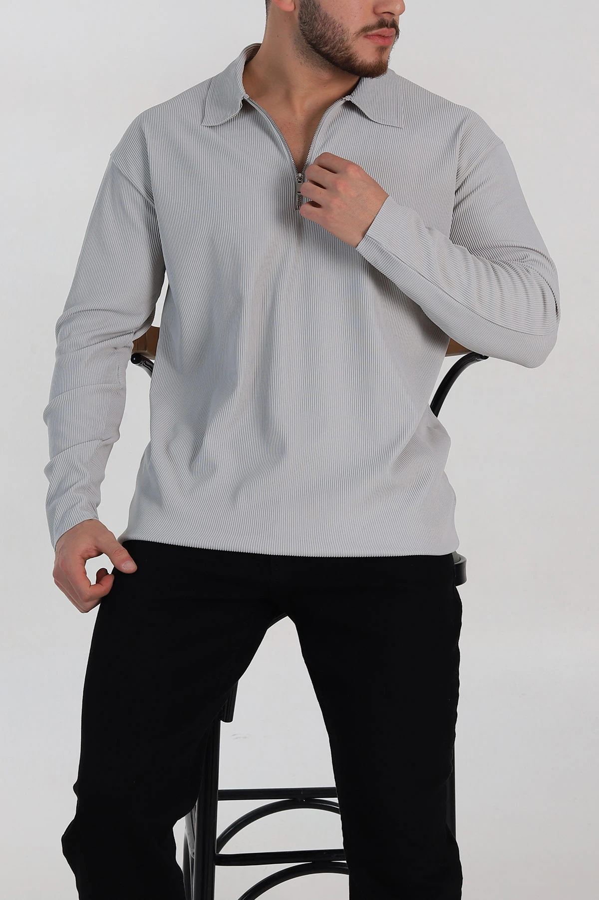 Gri Oversize Fitilli Doku Fermuarlı Polo Yaka Sweatshirt 324400