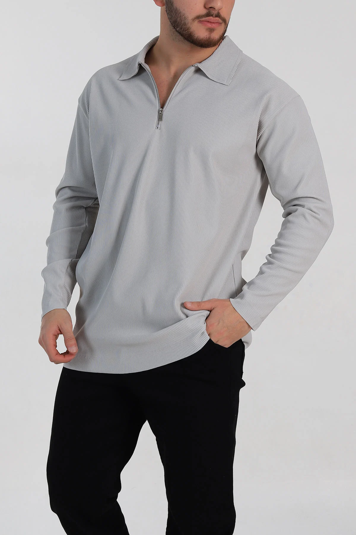 Gri Oversize Fitilli Doku Fermuarlı Polo Yaka Sweatshirt 324400