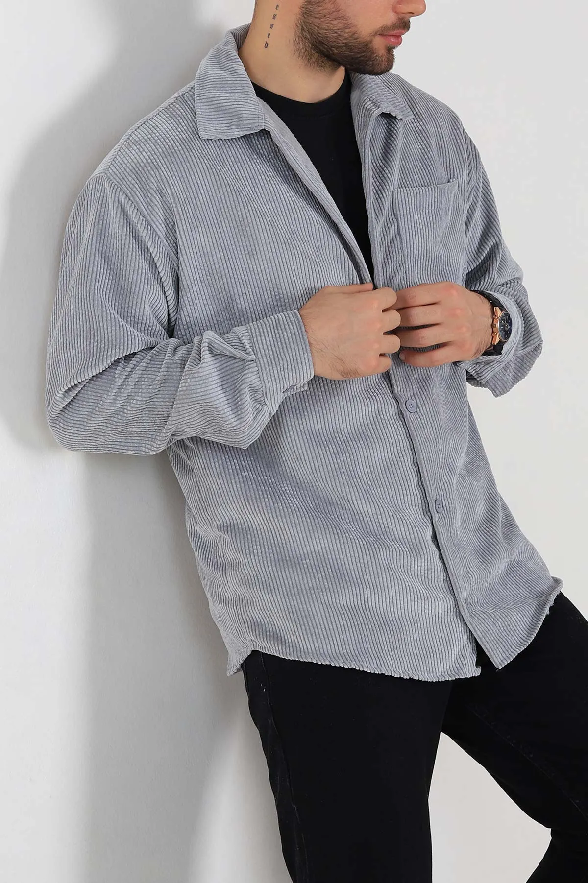 Gri Oversize Fitilli Kadife Cep Detaylı Erkek Gömlek 318413