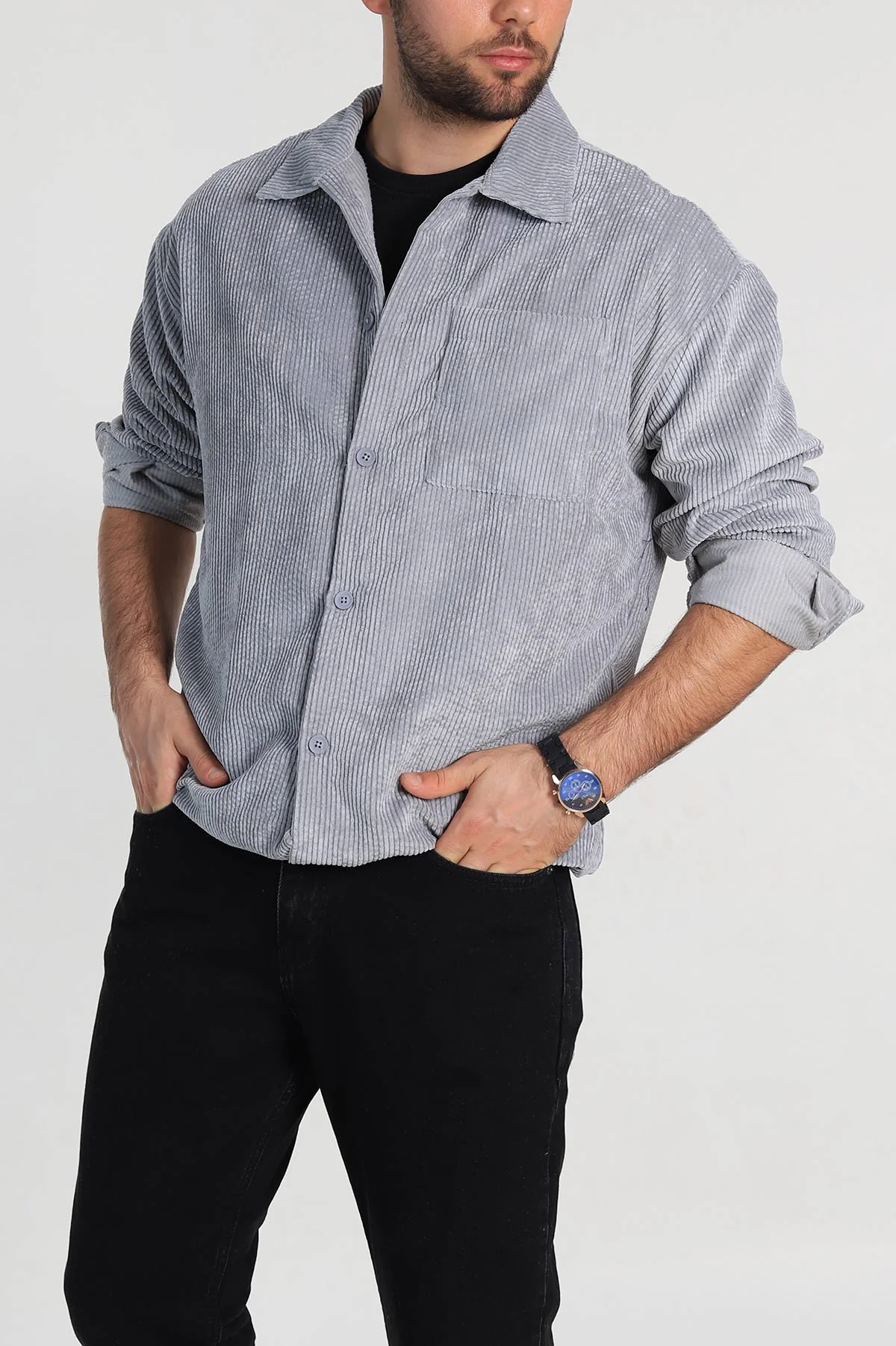 Gri Oversize Fitilli Kadife Cep Detaylı Erkek Gömlek 318413