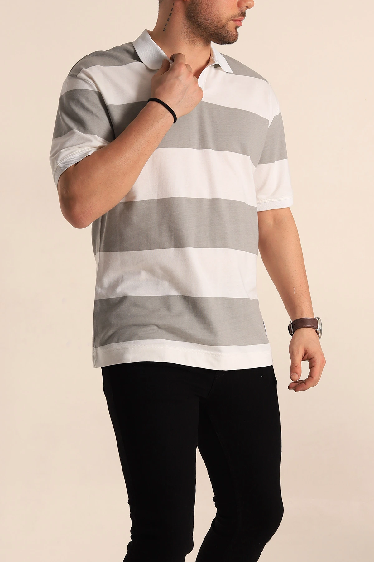 Gri Oversize İki İp Geniş Çizgili Polo Yaka Erkek Tişört 257565