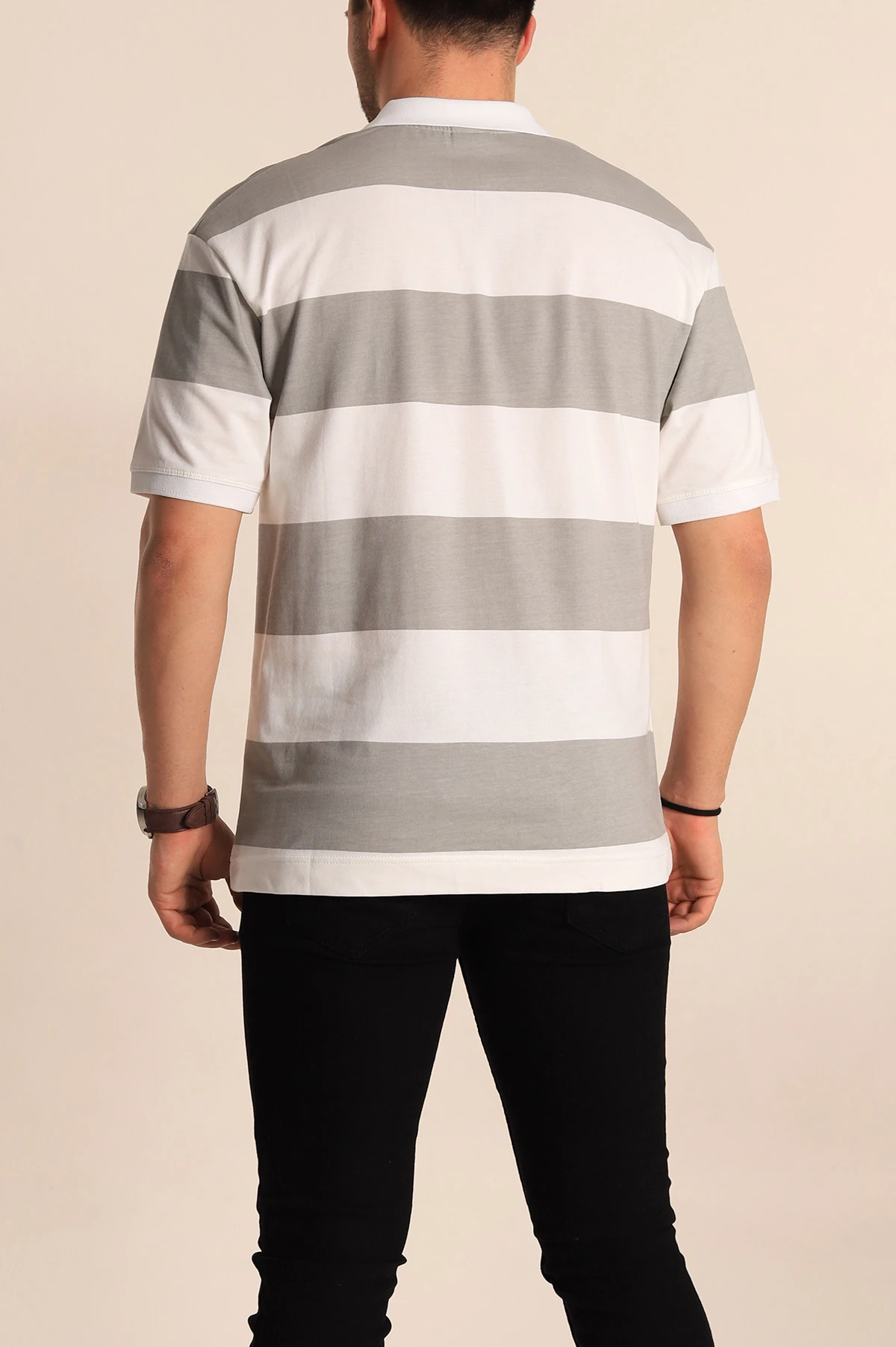 Gri Oversize İki İp Geniş Çizgili Polo Yaka Erkek Tişört 257565