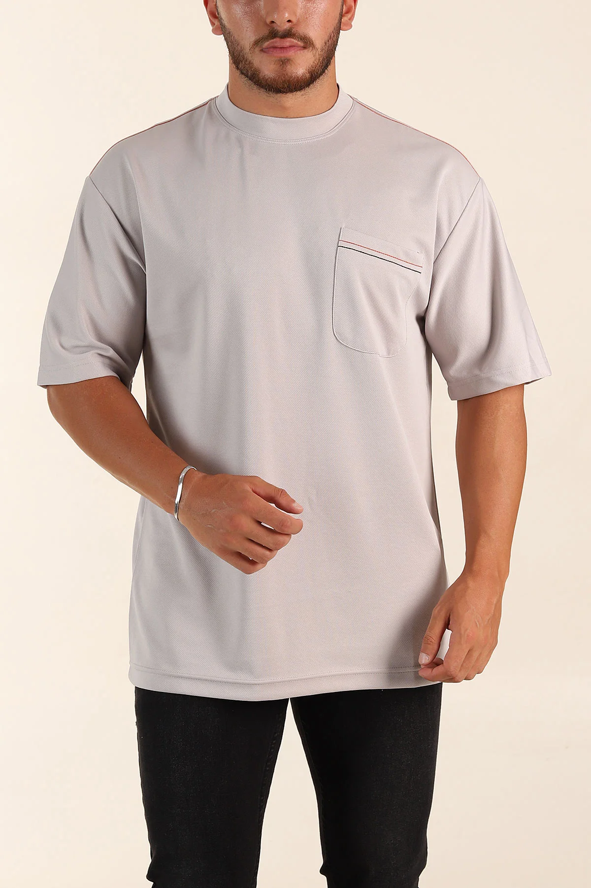 Gri Oversize Jakarlı Cep Detaylı Erkek Tişört 285766