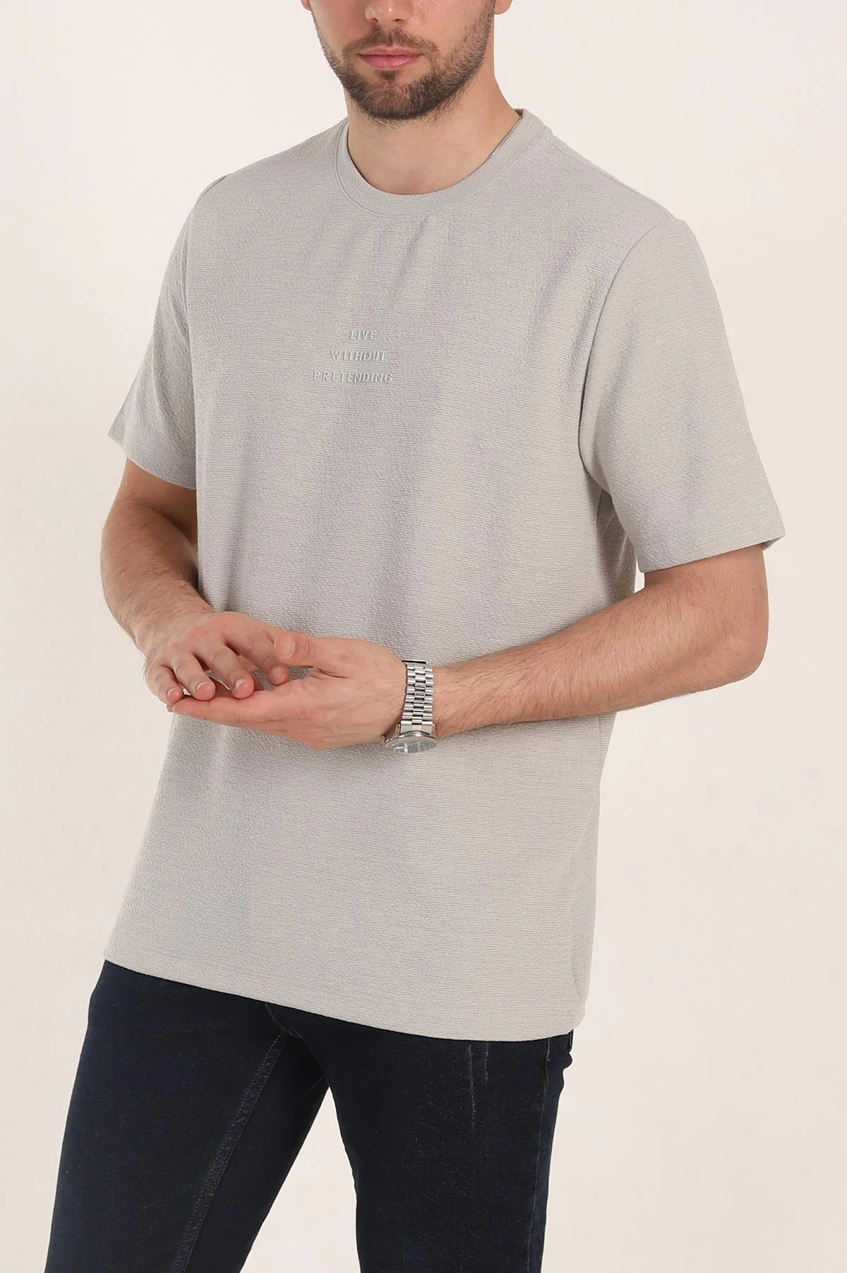 Gri Oversize Kabartma Yazı Detaylı Erkek Tişört 354083