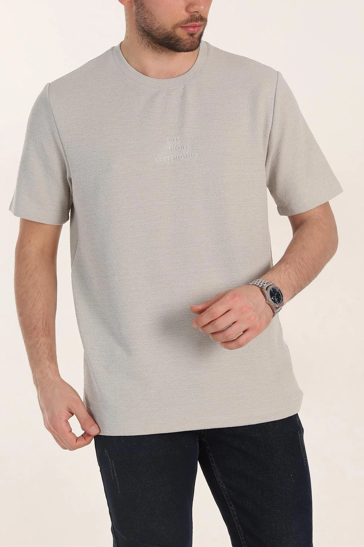 Gri Oversize Kabartma Yazı Detaylı Erkek Tişört 354083