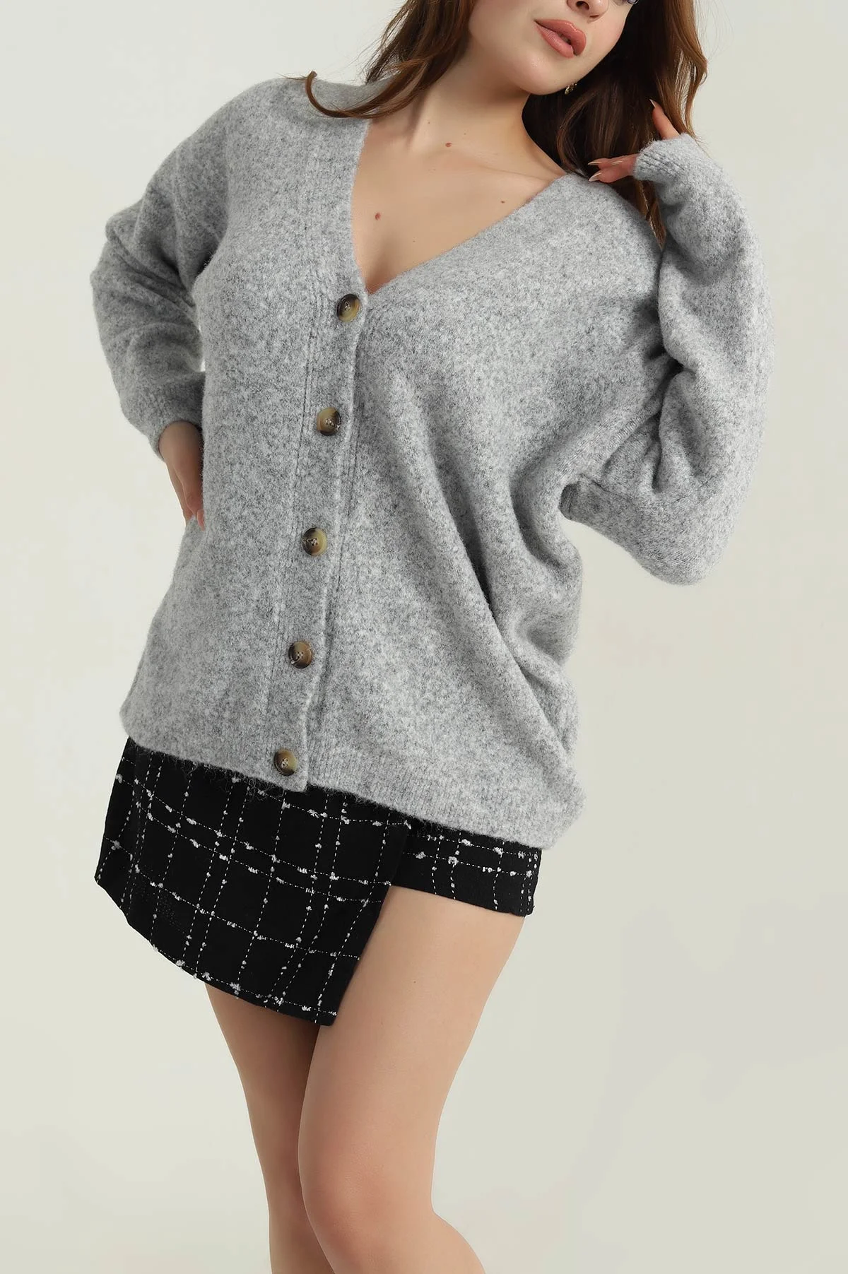 Gri Oversize Kadın Triko Hırka 405454