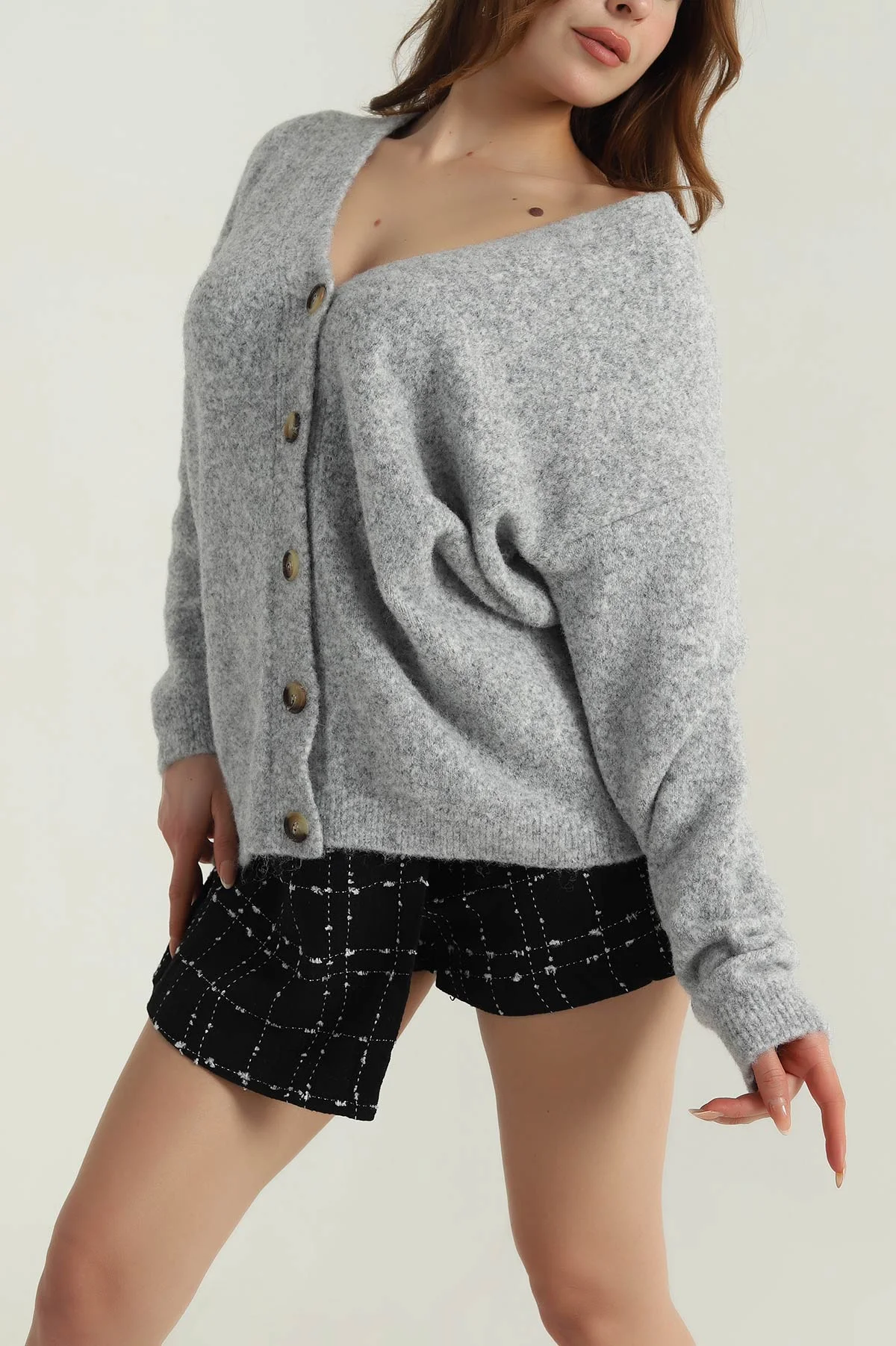 Gri Oversize Kadın Triko Hırka 405454