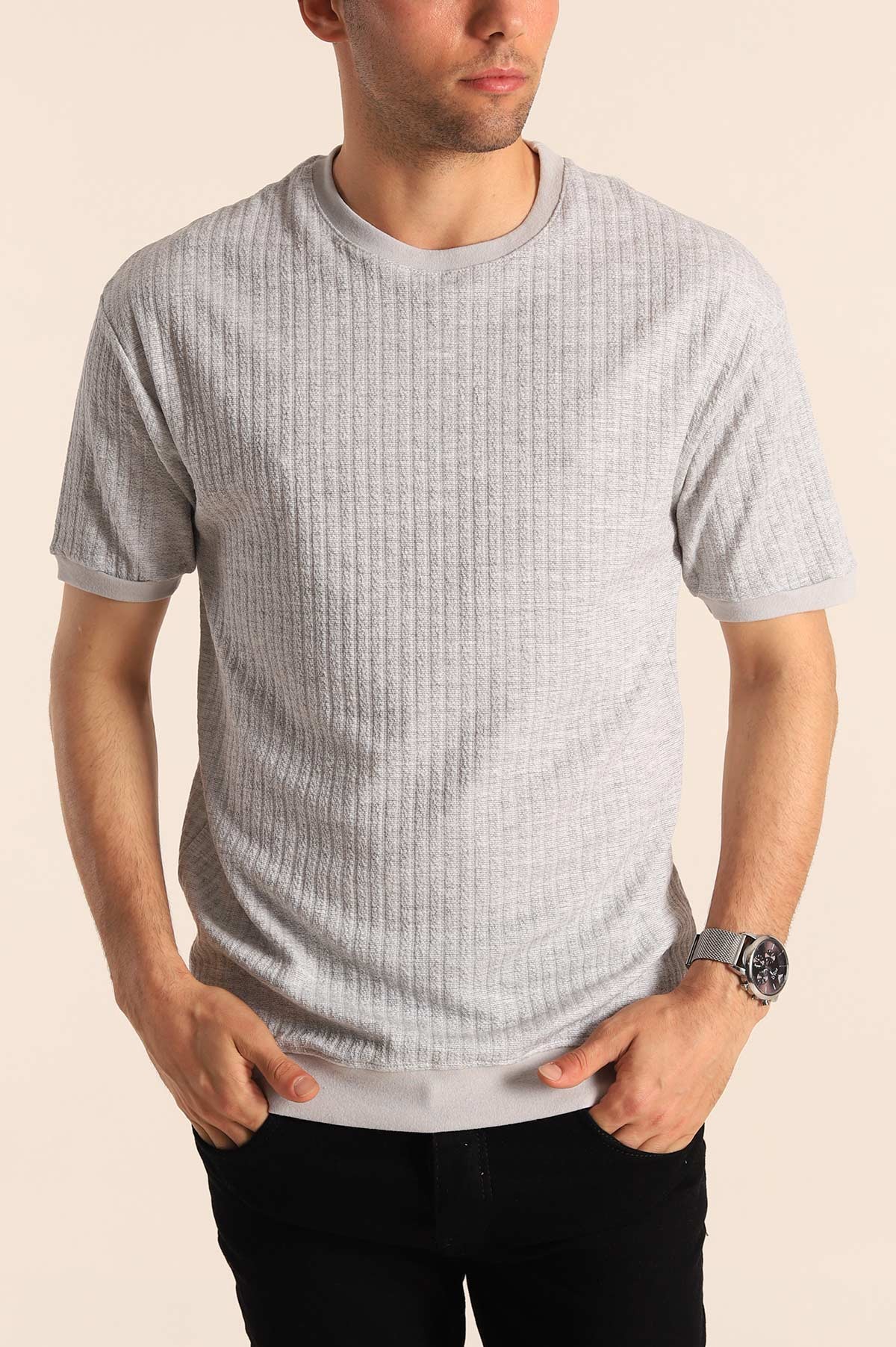 Gri Oversize Kolları Lastikli Erkek Tişört 181711