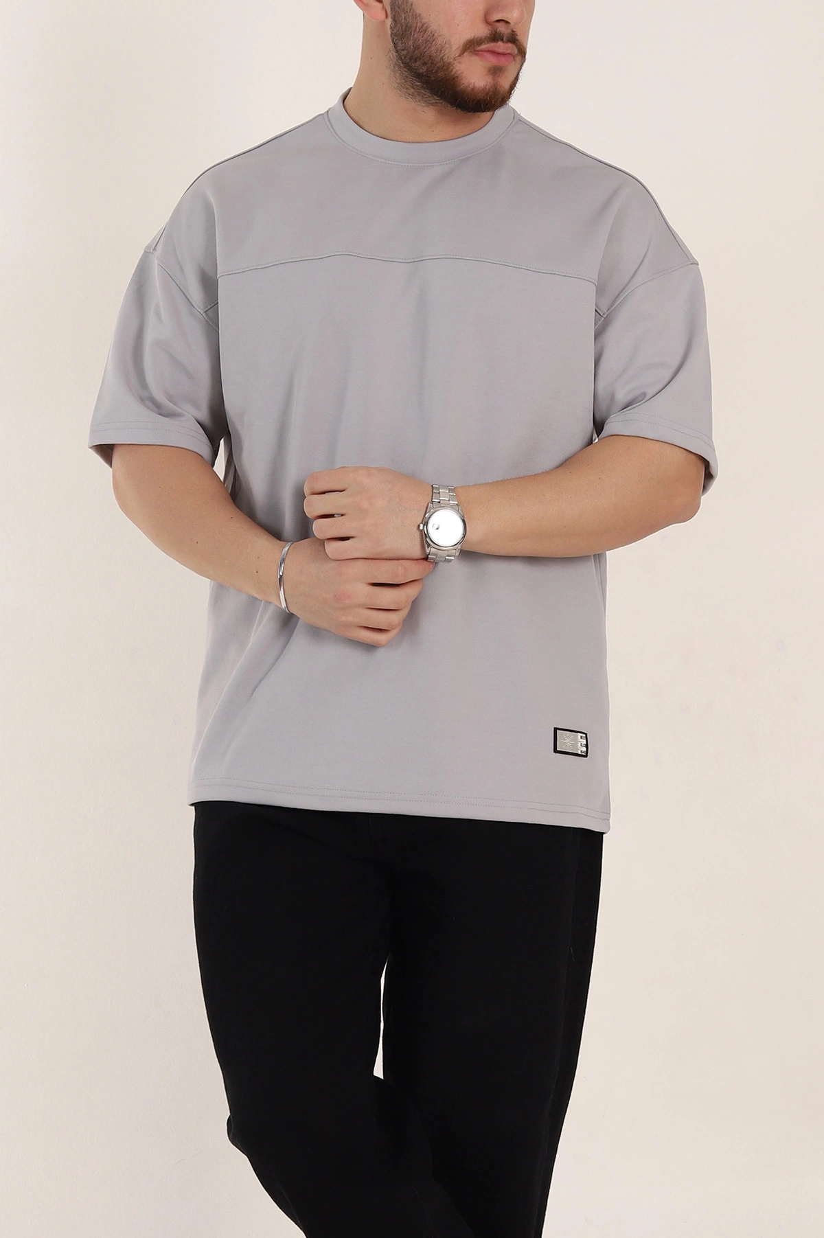 Gri Oversize Parçalı Basic Erkek Tişört 351990