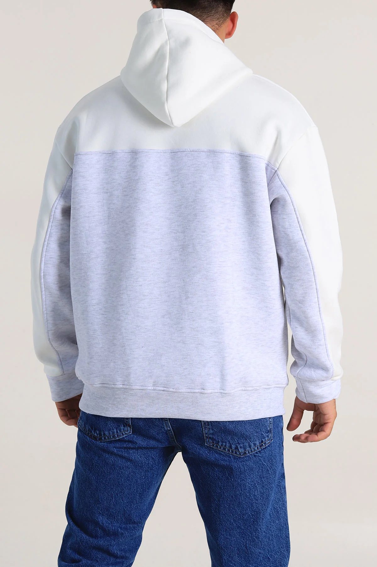 Gri Oversize Parçalı Üç İp Şardonlu Kapüşonlu Erkek Sweatshirt 306477