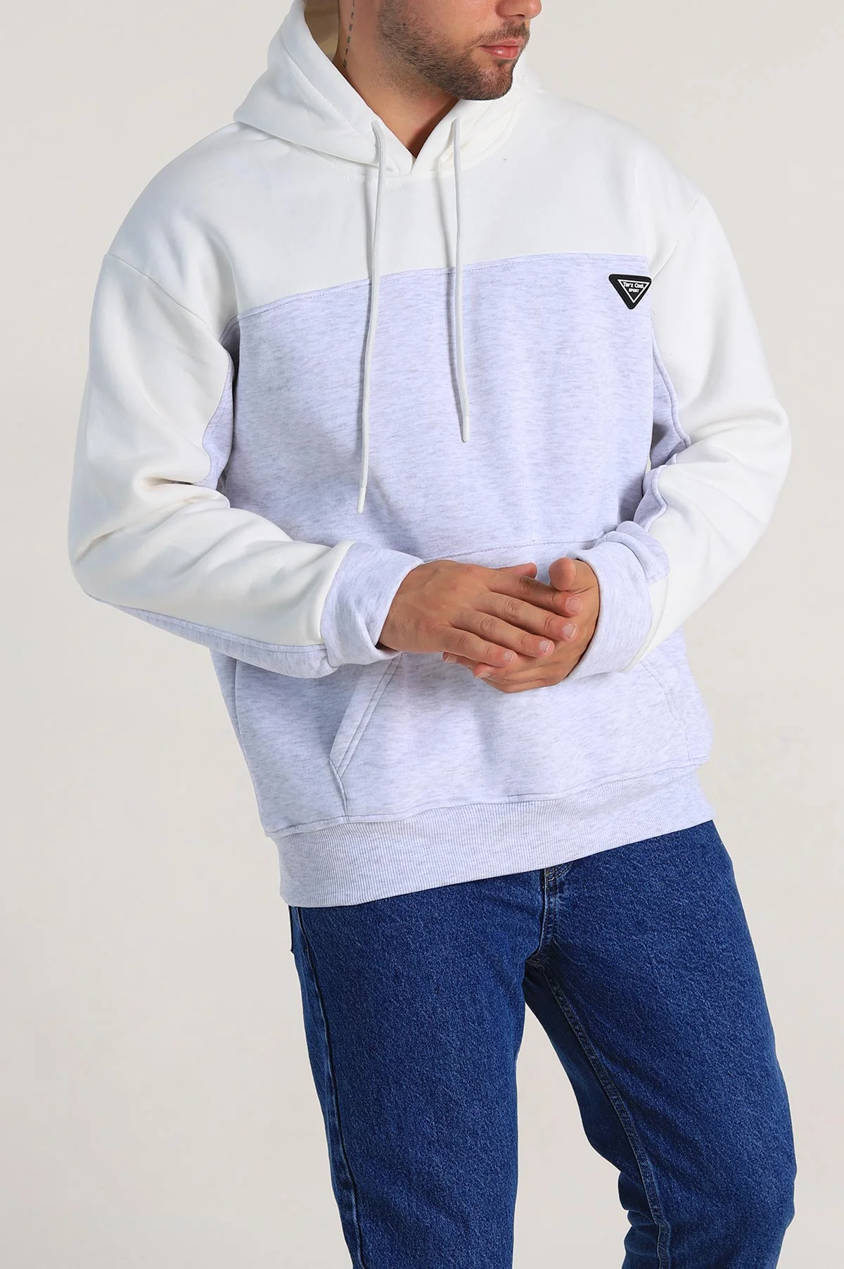 Gri Oversize Parçalı Üç İp Şardonlu Kapüşonlu Erkek Sweatshirt 306477