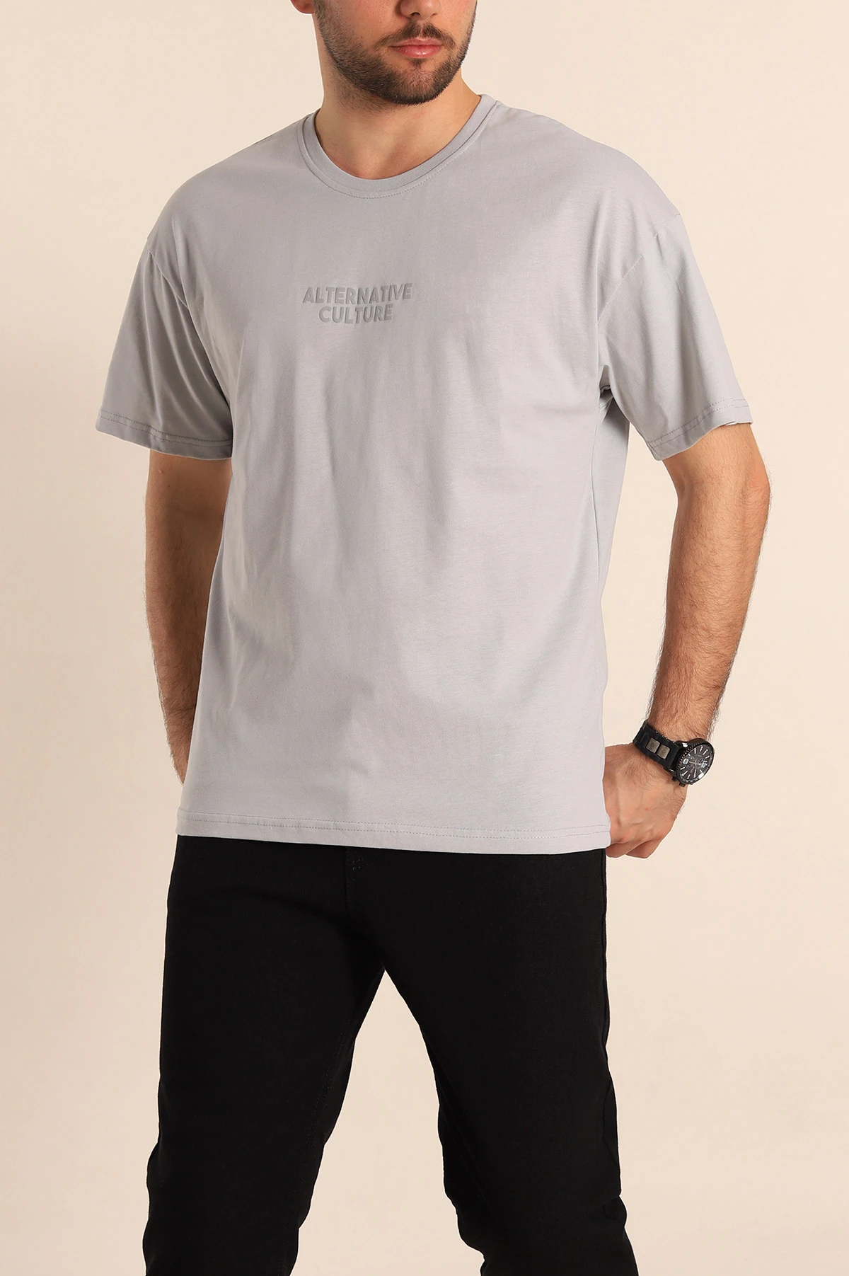 Gri Oversize Sırt Baskılı Erkek Tişört 247956