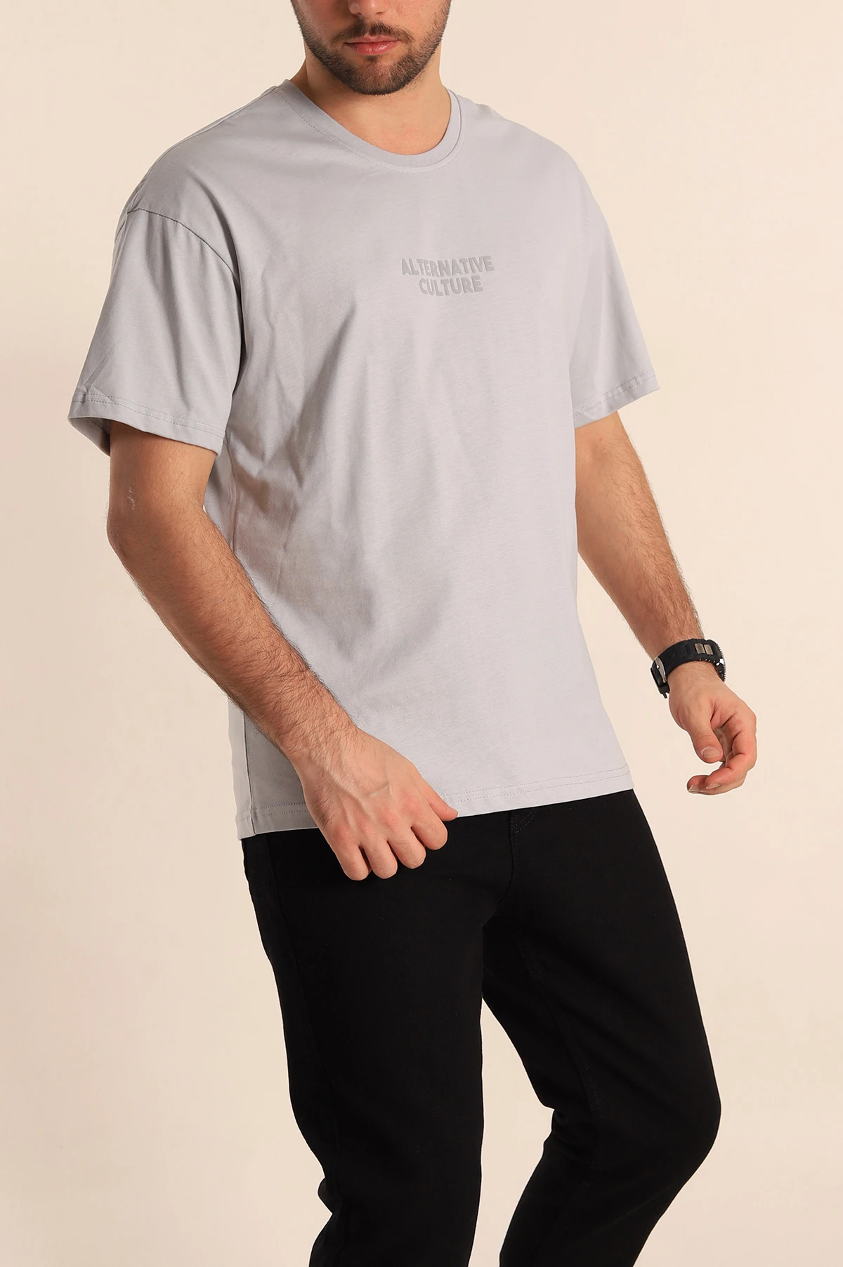 Gri Oversize Sırt Baskılı Erkek Tişört 247956