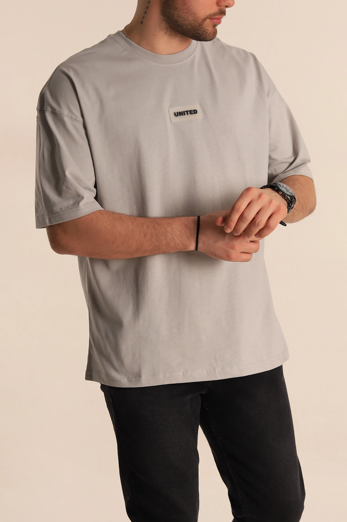 Gri Oversize Suprem Kumaş Plastik Baskı Detaylı Erkek Tişört 267362