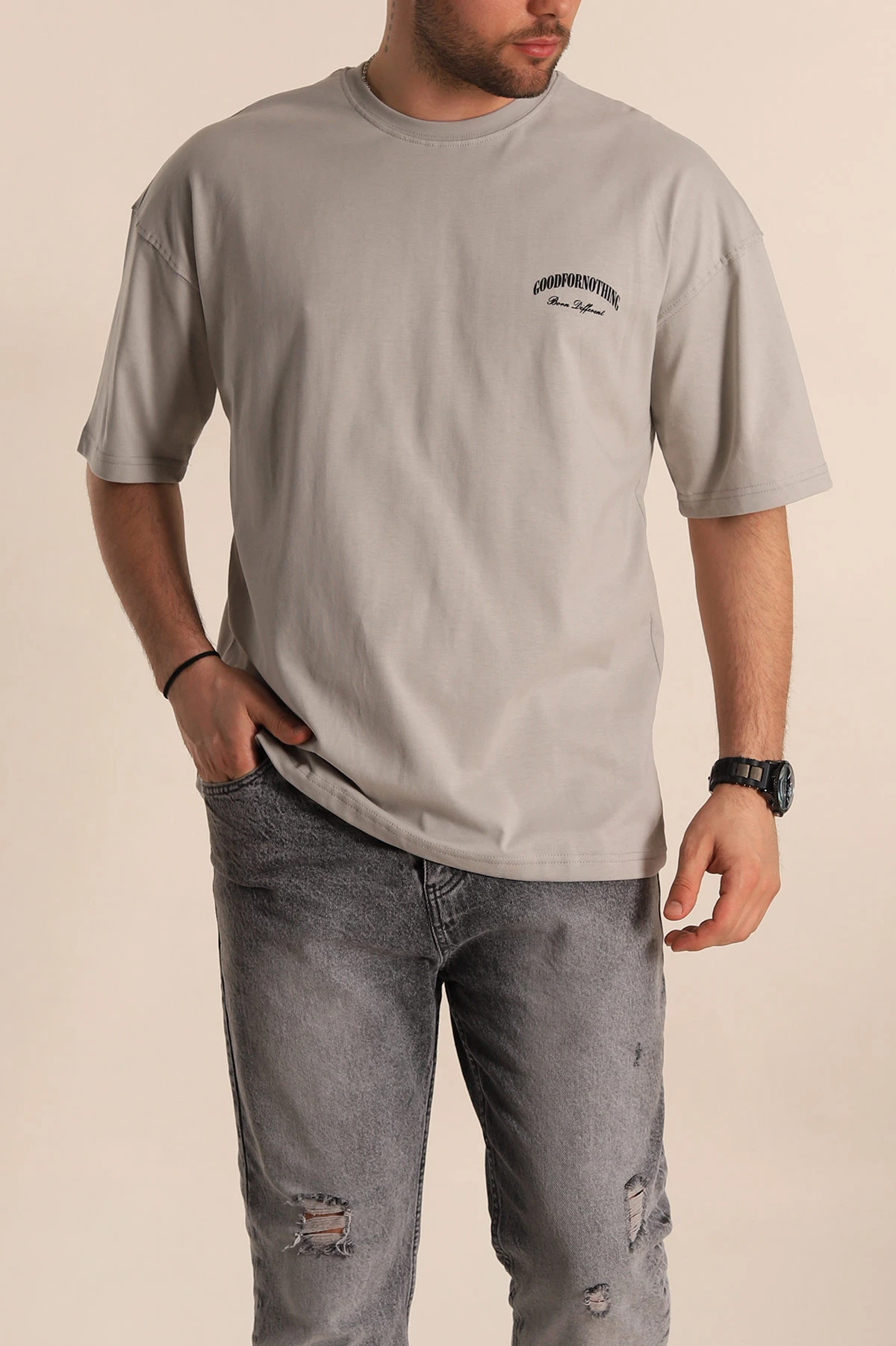 Gri Oversize Suprem Kumaş Sırt Baskılı Erkek Tişört 267369
