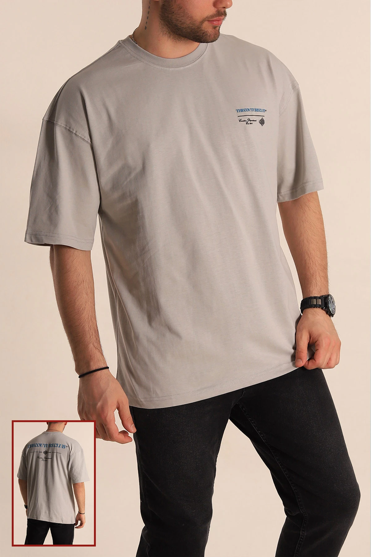 Gri Oversize Suprem Kumaş Sırt Baskılı Erkek Tişört 267436