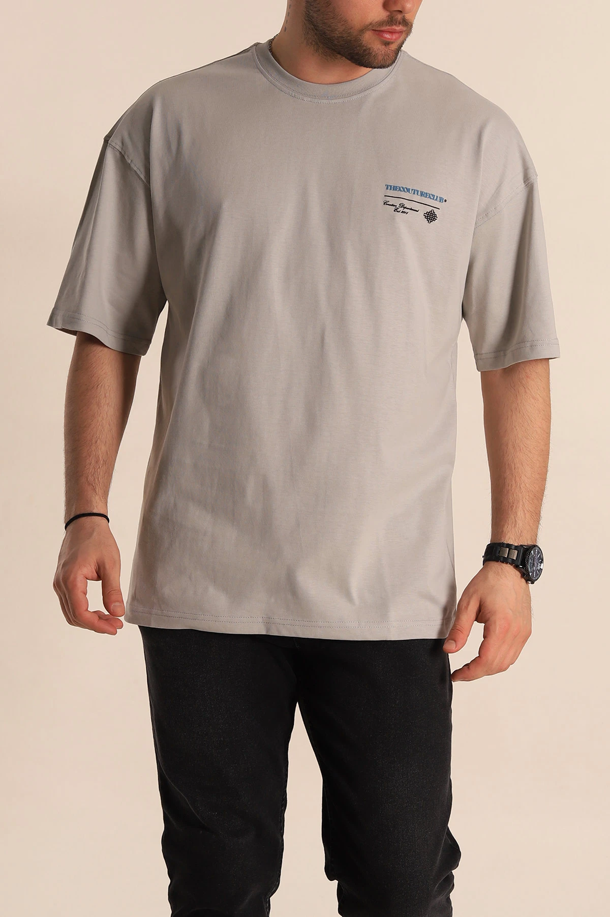 Gri Oversize Suprem Kumaş Sırt Baskılı Erkek Tişört 267436