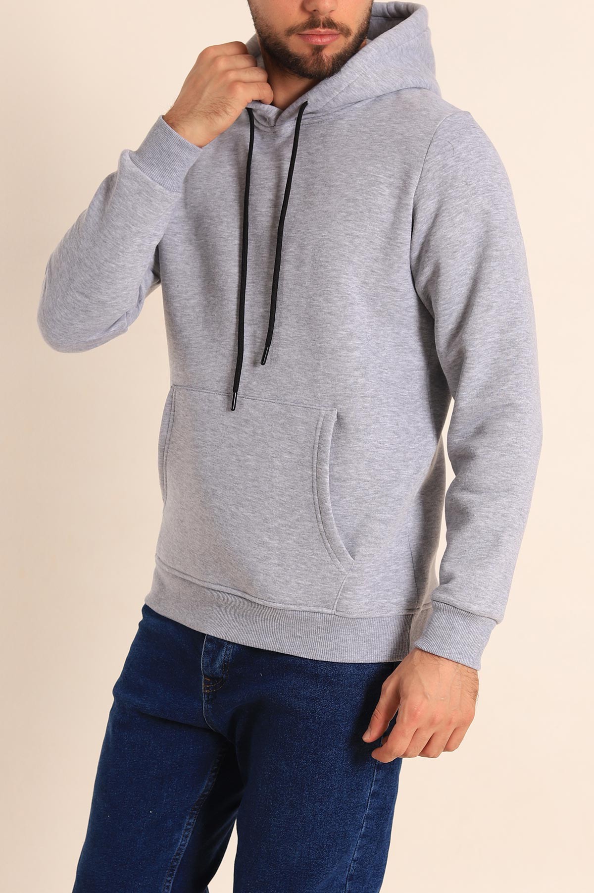 Gri Oversize Üç İp Şardonlu Basic Kapüşonlu Erkek Sweatshirt 222530